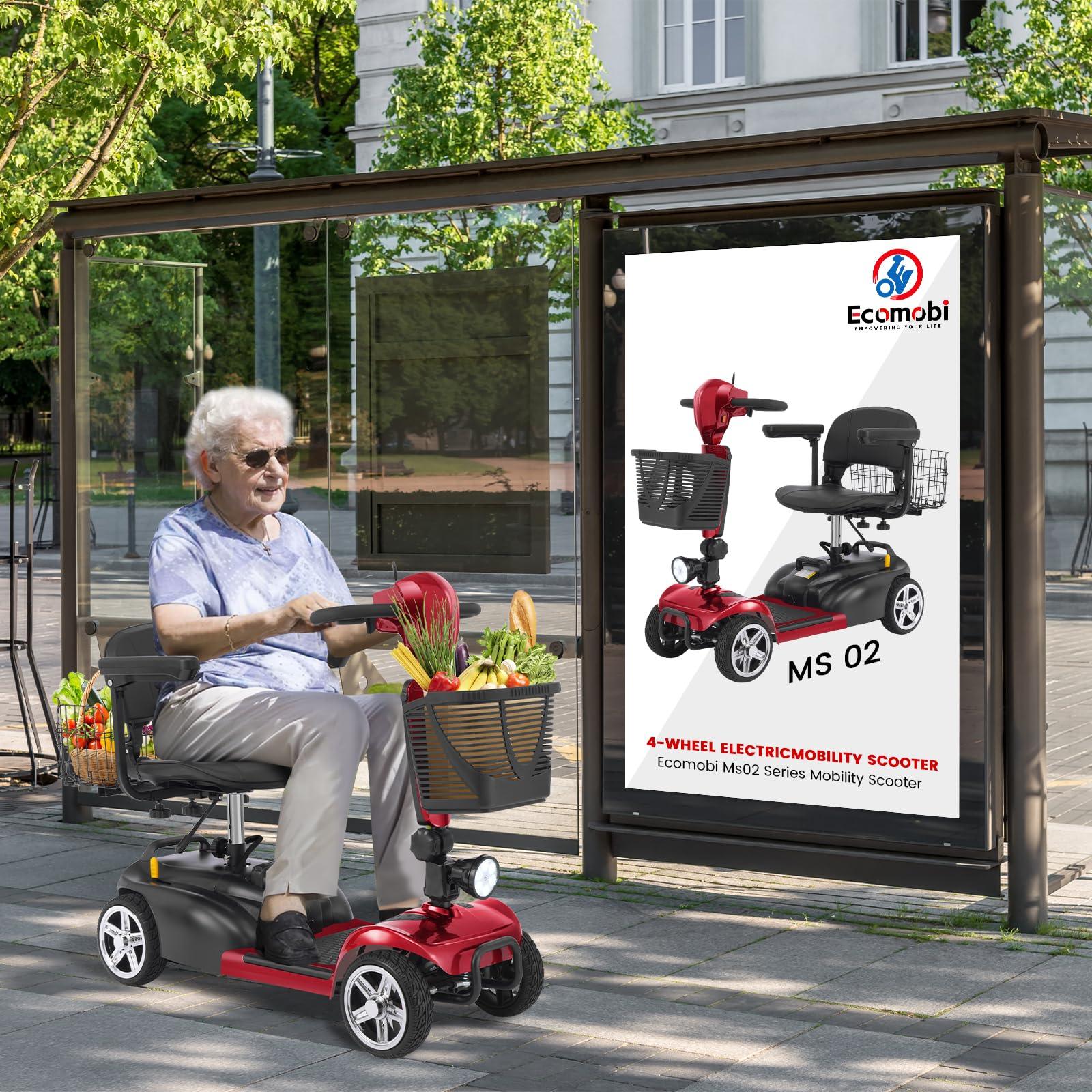Elderly person on a red and black mobility scooter with a front basket full of groceries.