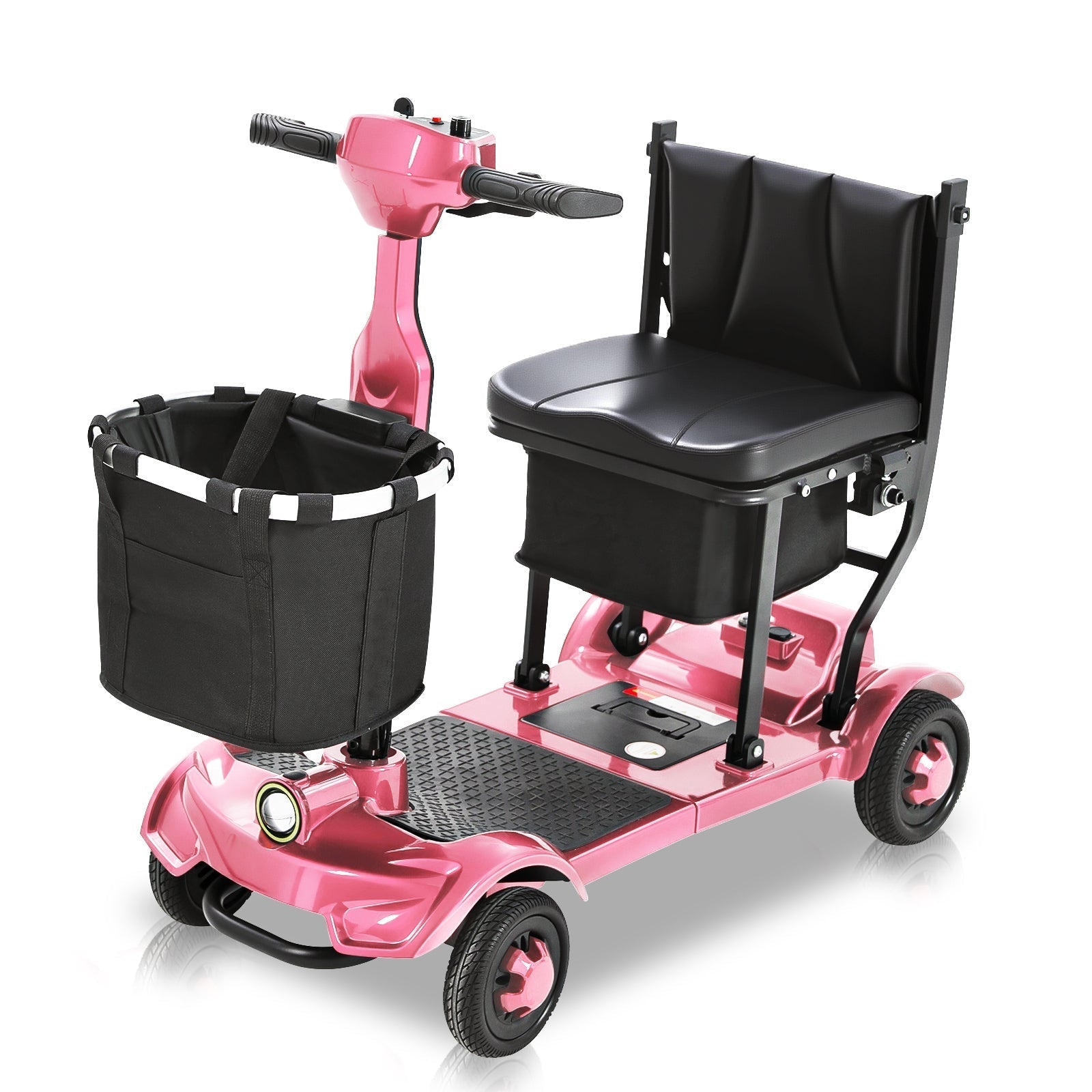 Pink Mbxcooter M1F lightweight foldable travel scooter with black seat and front storage basket.