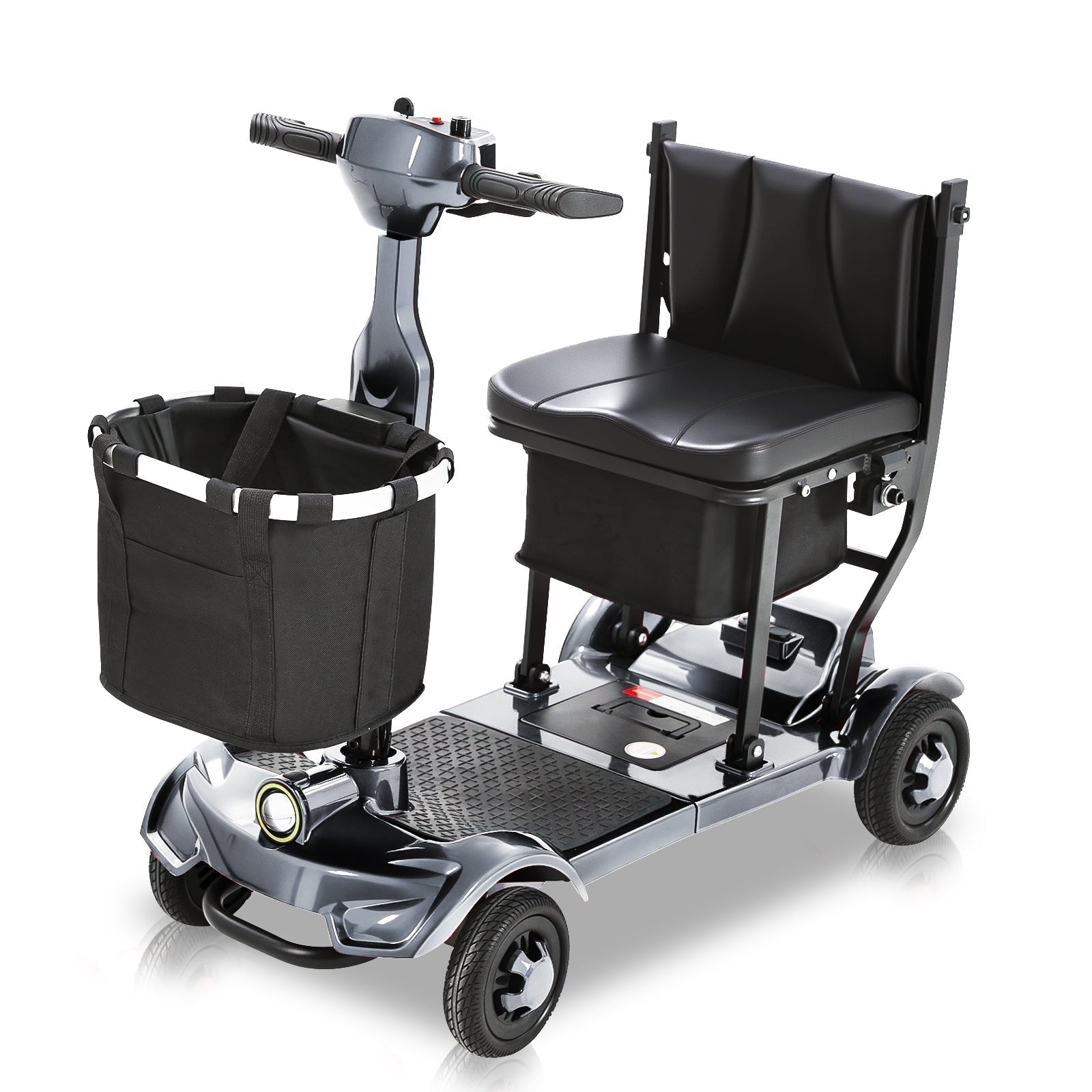 Mbxcooter M1F lightweight foldable travel scooter in dark gray with black seat and front storage basket.