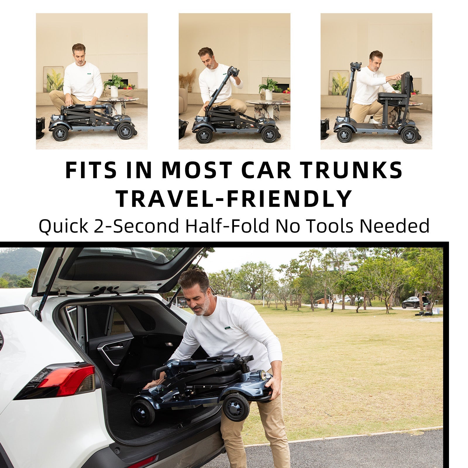 Man demonstrating the compact, dark blue Mbxcooter M1F lightweight foldable travel scooter fitting into a car trunk.
