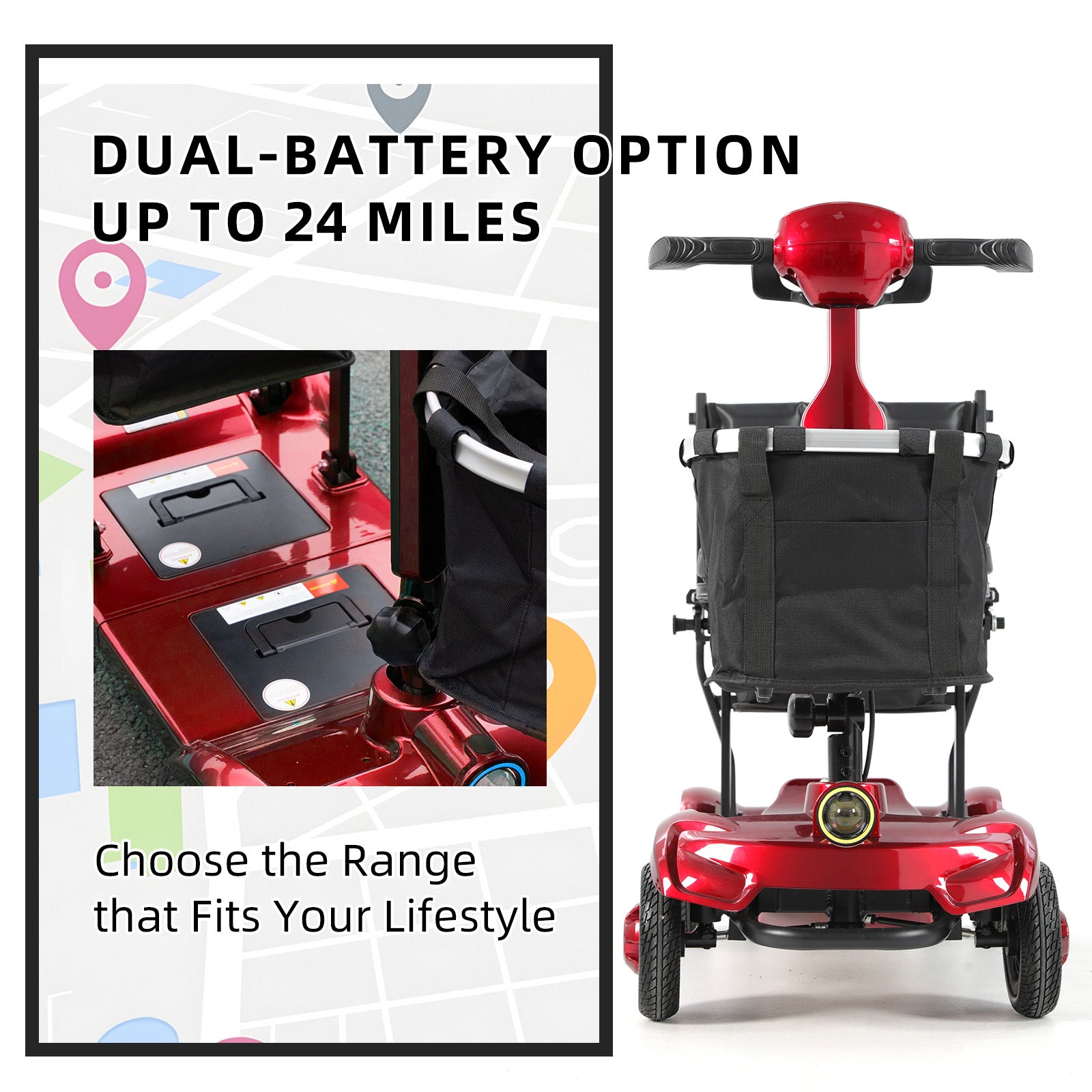 Red Mbxcooter M1F lightweight foldable travel scooter with front basket and dual-battery option.