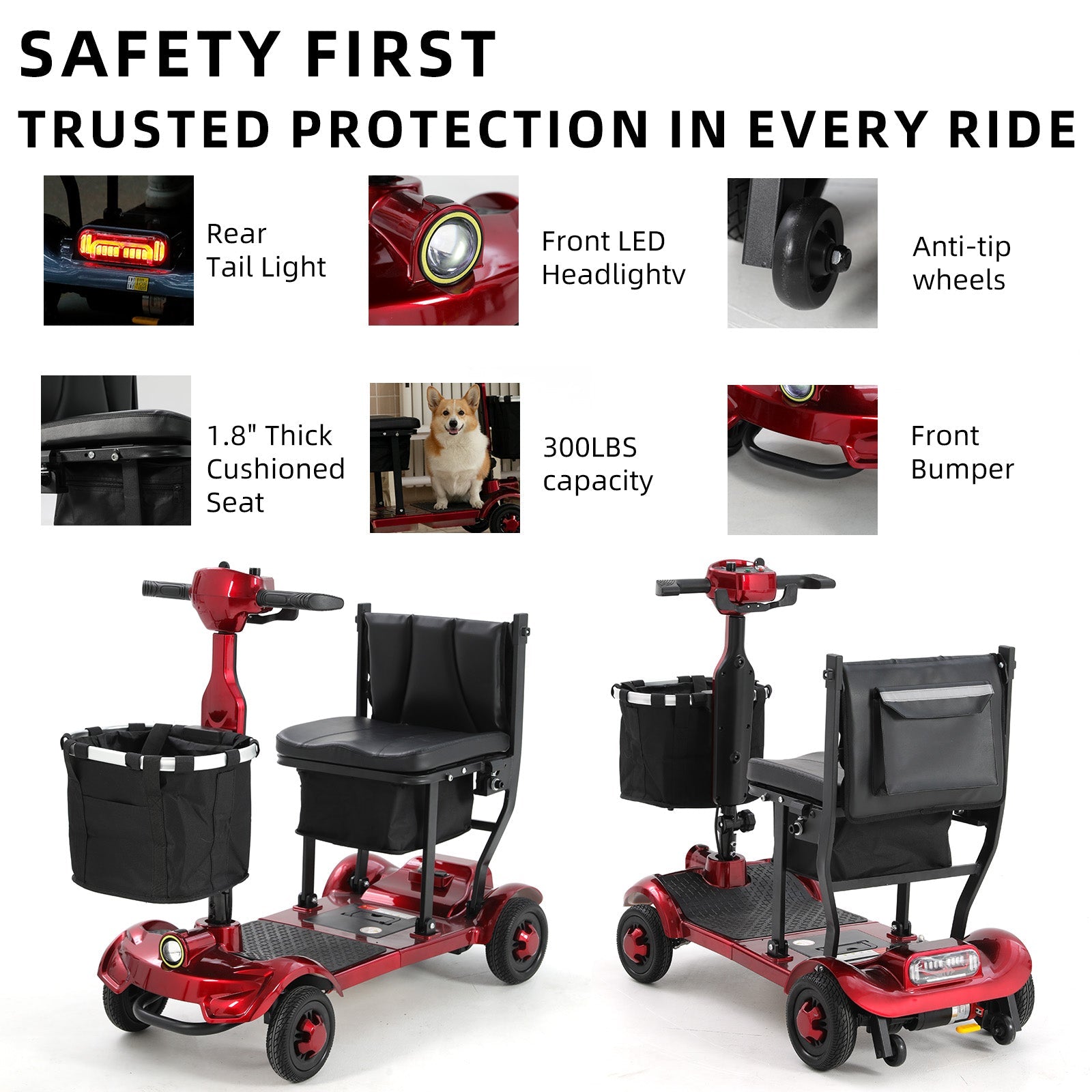 Red Mbxcooter M1F foldable travel scooter with cushioned seat, front basket, rear storage, LED lights, and anti-tip wheels.