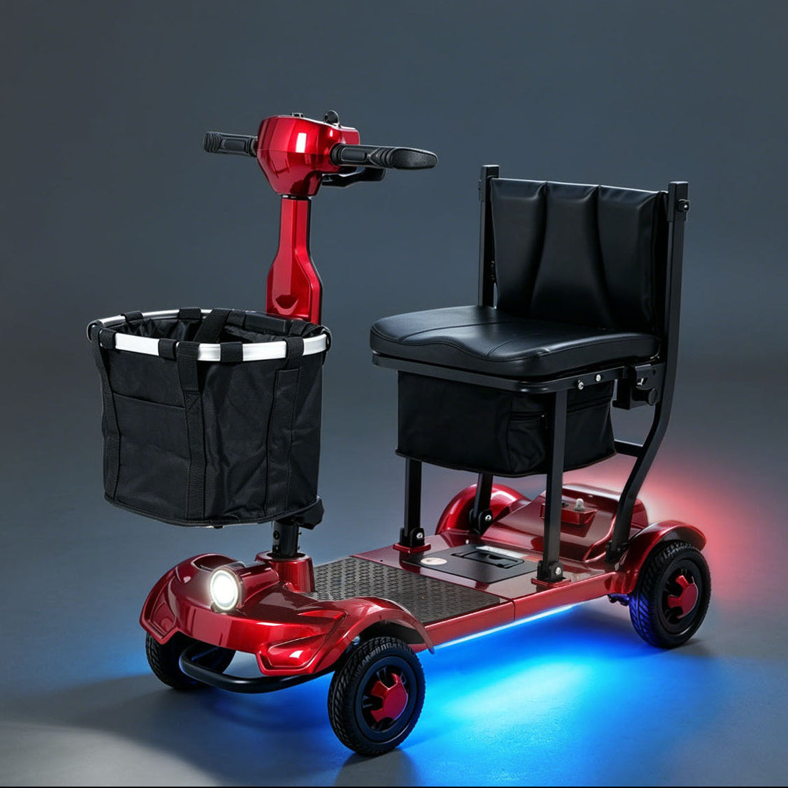 Red Mbxcooter M1F lightweight foldable travel scooter with black seat, front basket, and LED lights.