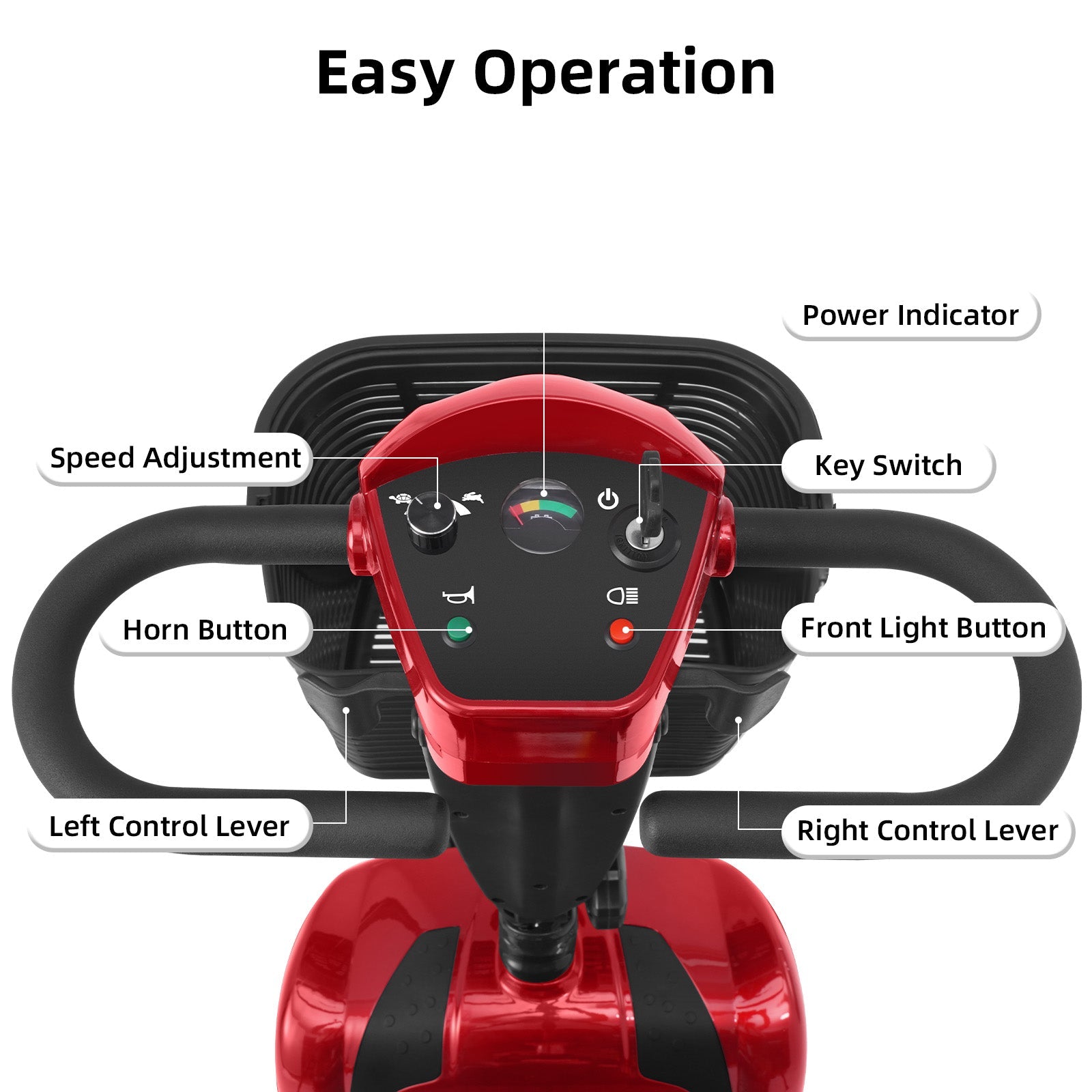 Close-up of a red Mbxcooter MS20 mobility scooter's control panel with labeled buttons and levers.