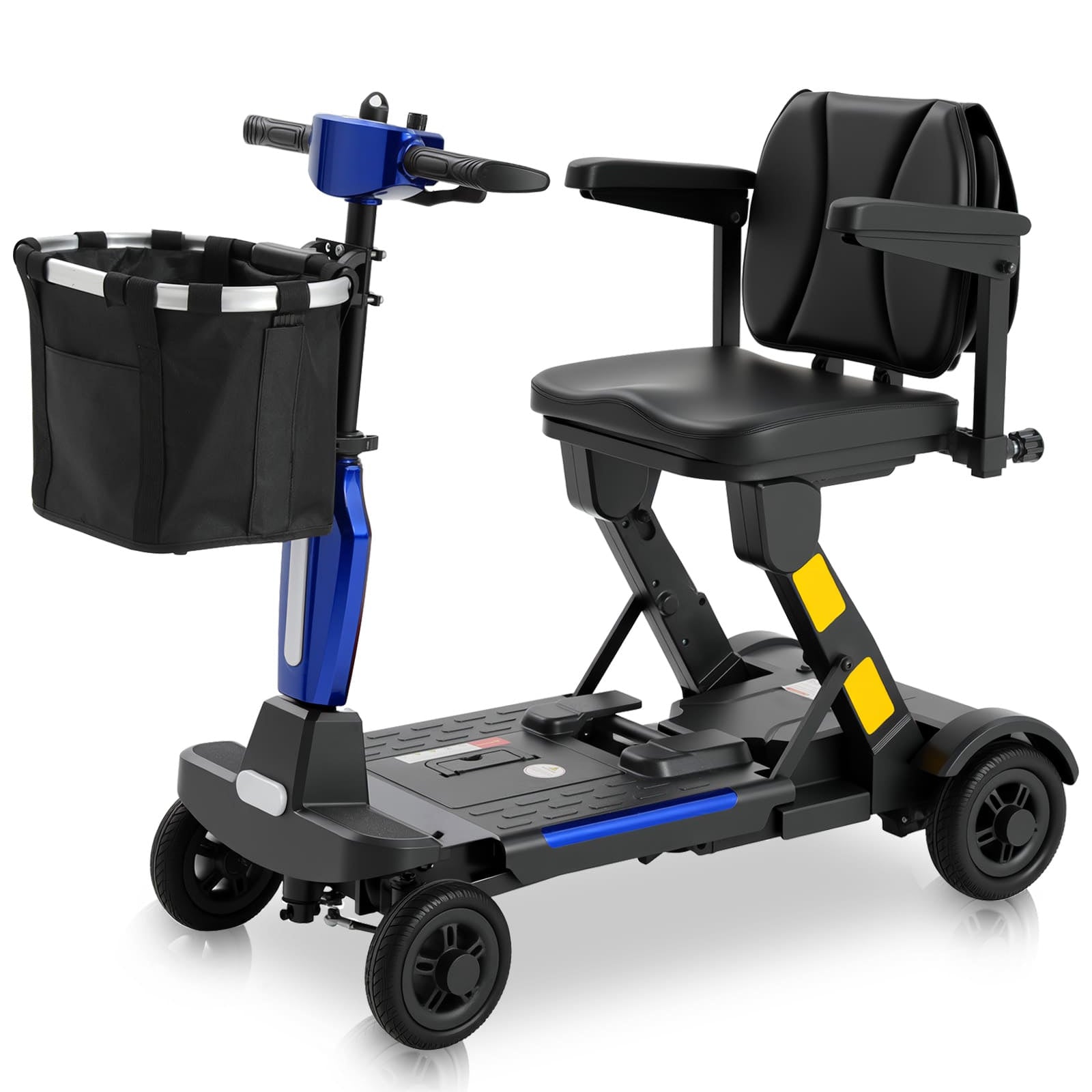 Blue and black Mbxcooter MS20-F lightweight foldable mobility scooter with a front basket.