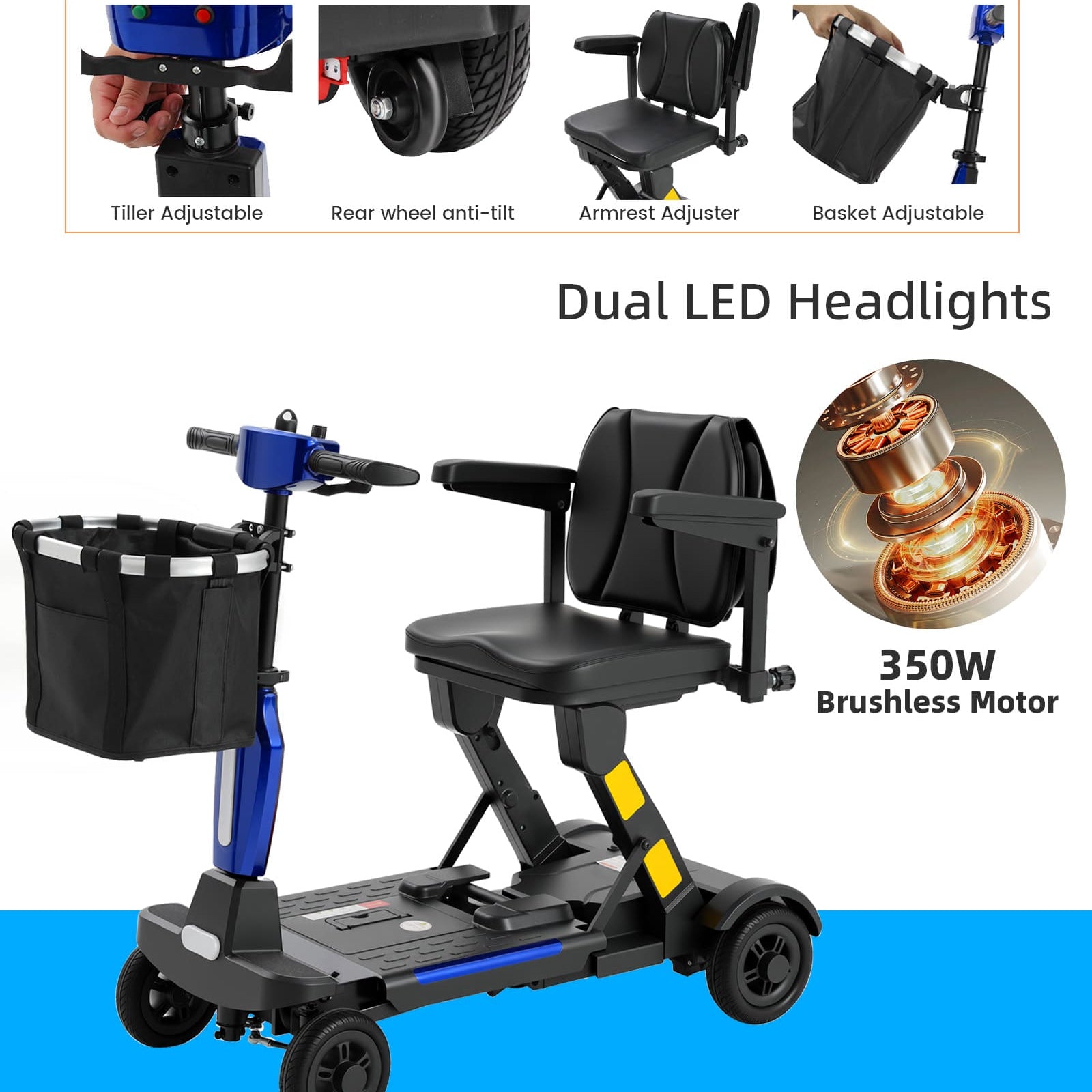 Blue Mbxcooter MS20-F foldable mobility scooter with black seat, basket, and dual LED headlights.