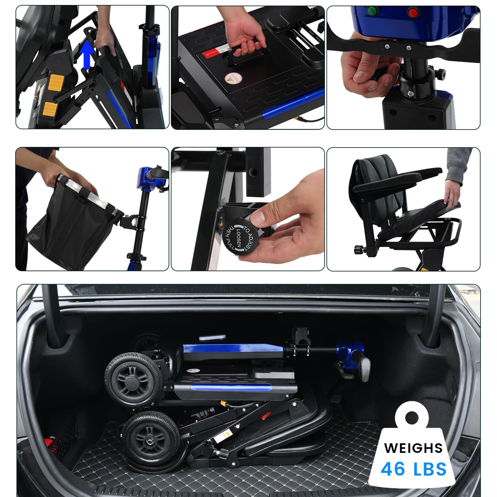 Blue Mbxcooter MS20-F lightweight foldable mobility scooter, shown folding and stored in a car trunk.