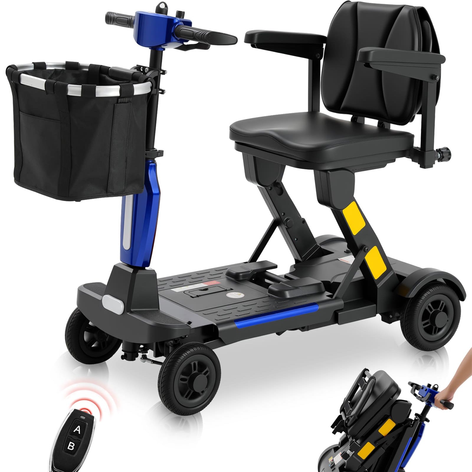 Blue Mbxcooter MS20-F lightweight foldable mobility scooter with black seat, basket, and remote.