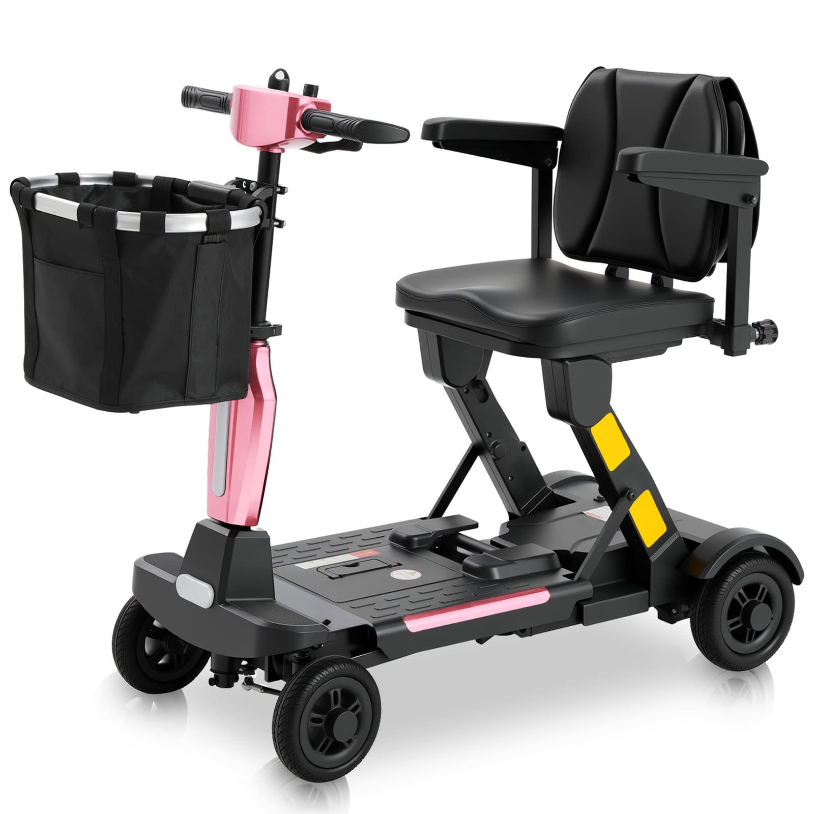 Pink and black Mbxcooter MS20-F lightweight foldable mobility scooter with front basket and padded seat.