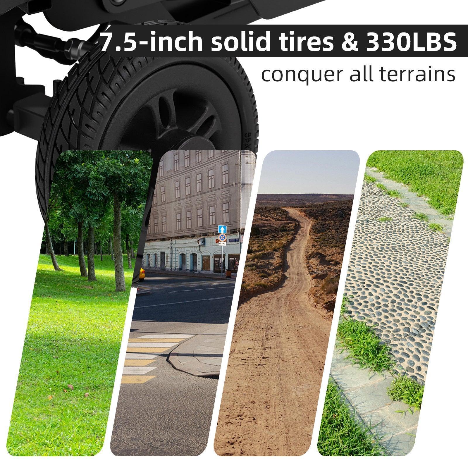 Close-up of a black Mbxcooter MS20-F's 7.5-inch solid tire, with four vertical panels showing varied terrains.