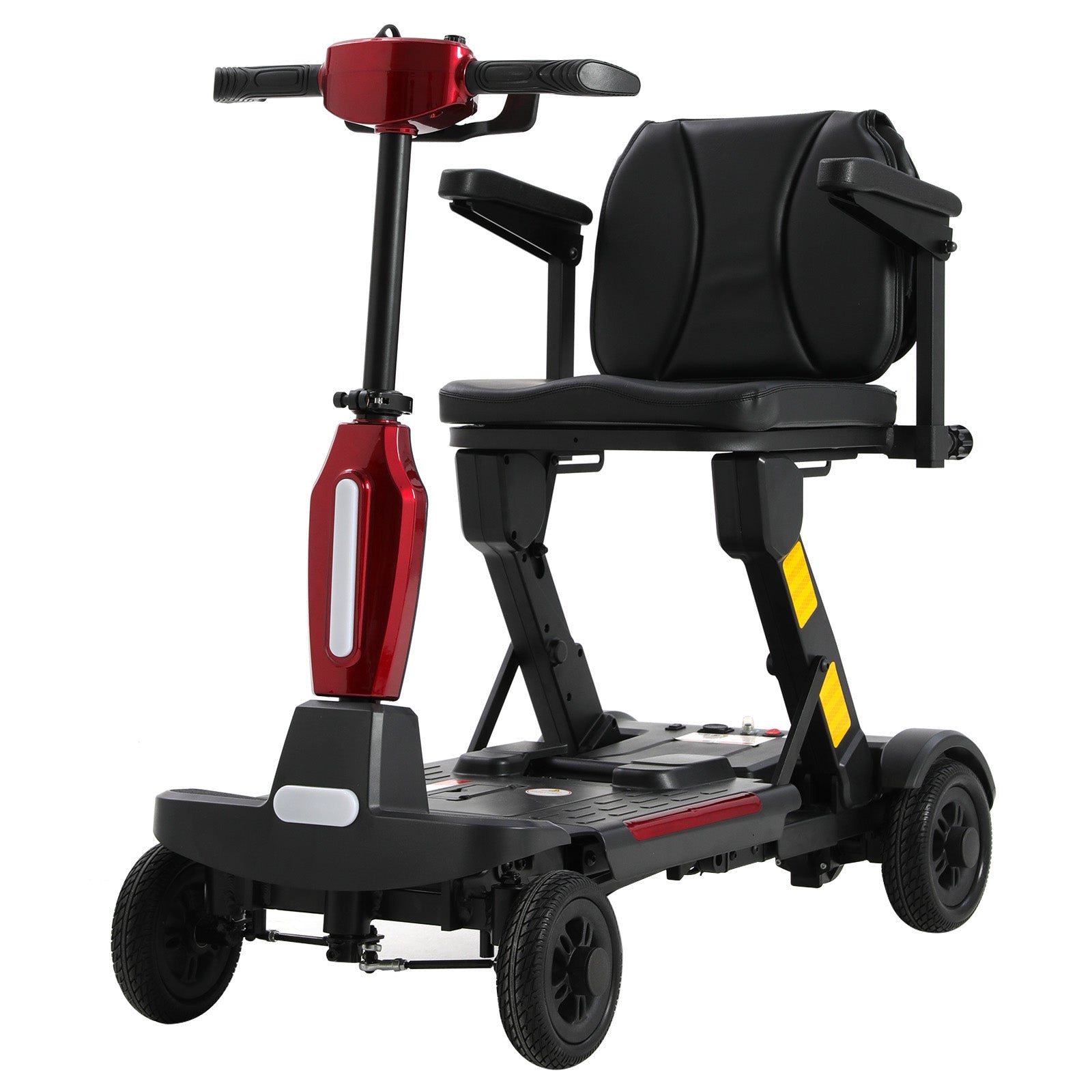 Red and black Mbxcooter MS20-F Ultra automatic folding mobility scooter with padded seat and armrests.