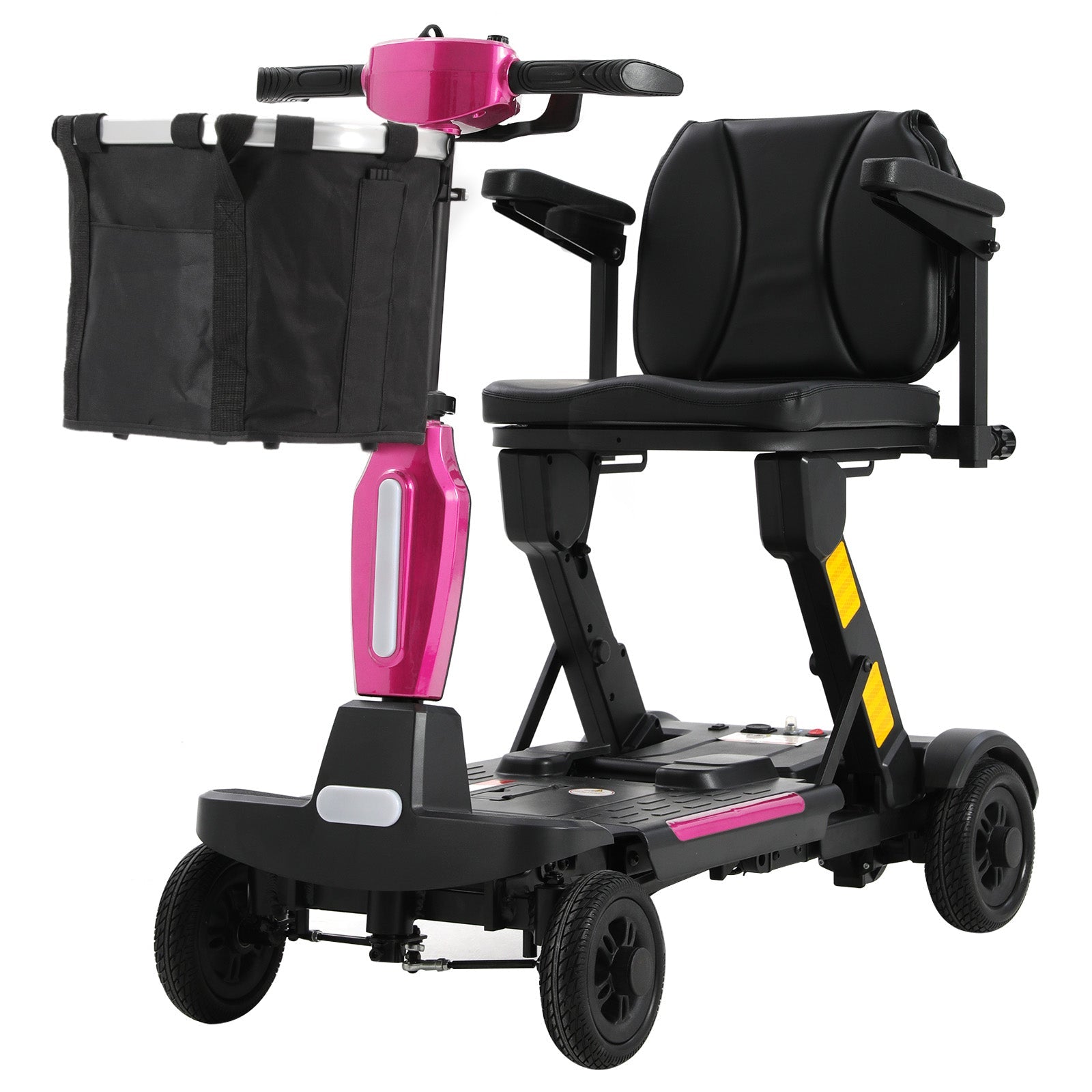 Mbxcooter MS20-F Ultra automatic folding scooter with black seat, pink accents, and front basket.