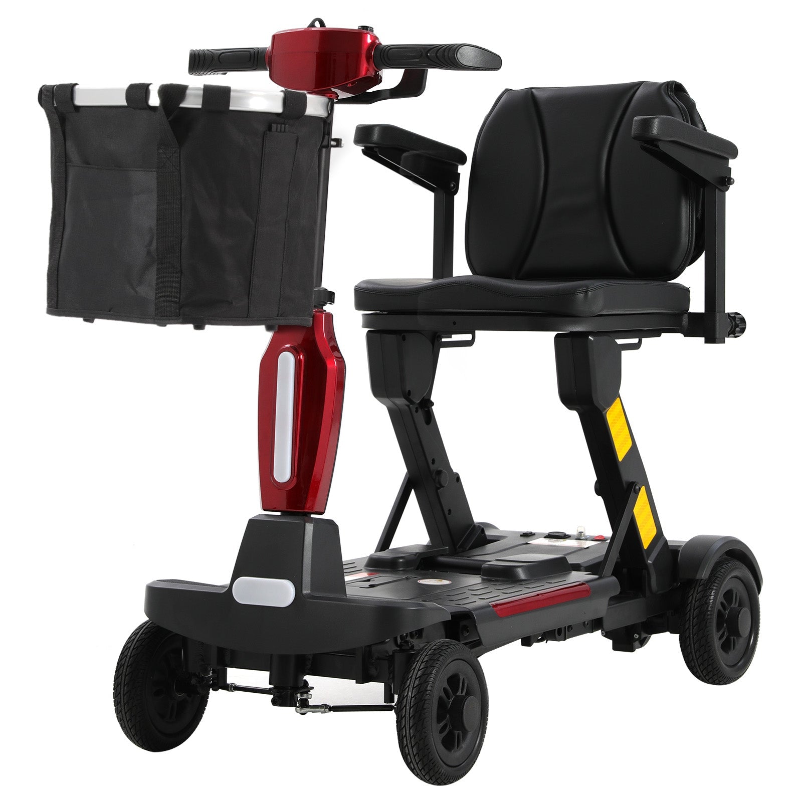 Mbxcooter MS20-F Ultra automatic folding mobility scooter with black seat, red accents, and front basket.