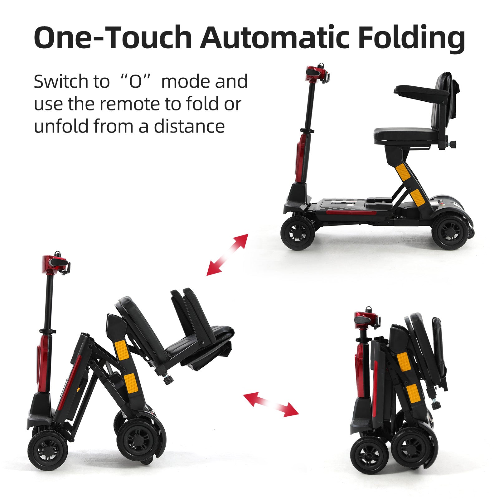 Red and black Mbxcooter MS20-F Ultra automatic folding scooter shown in three stages: unfolded, partially folded, and fully folded.
