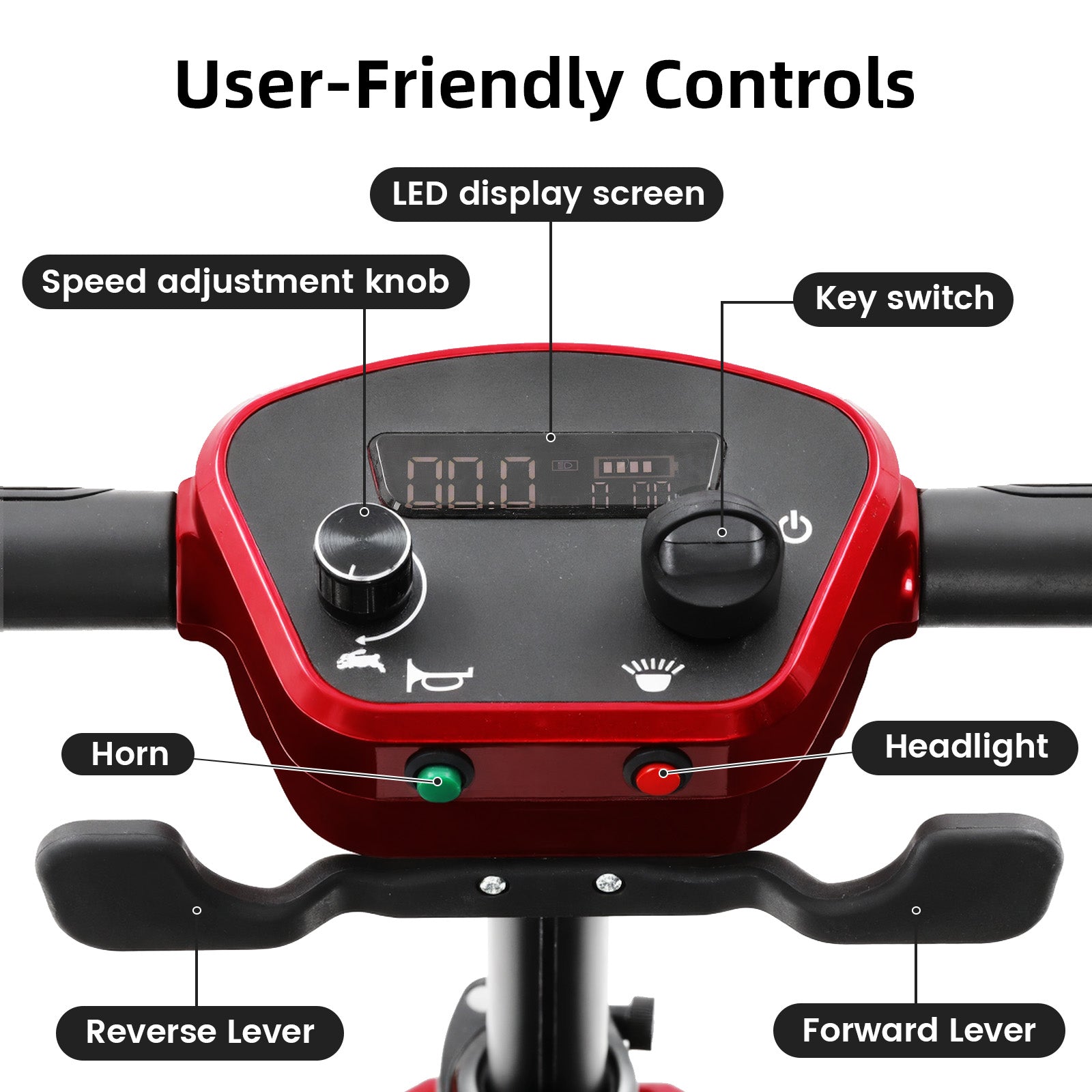 Close-up of a red Mbxcooter MS20-F's user-friendly control panel with LED display, speed knob, and levers.