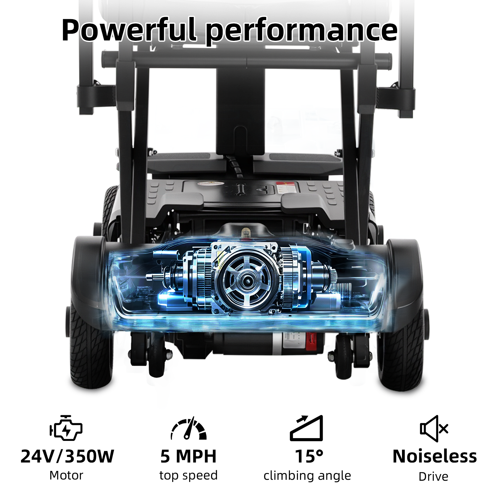 Black Mbxcooter MS20-F automatic folding scooter with a glowing blue internal motor diagram.