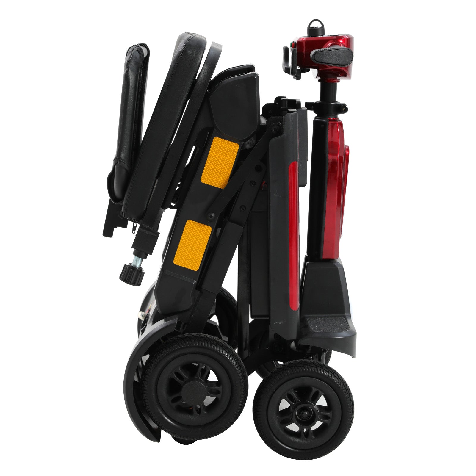 Red and black Mbxcooter MS20-F Ultra automatic folding mobility scooter, compact and upright.