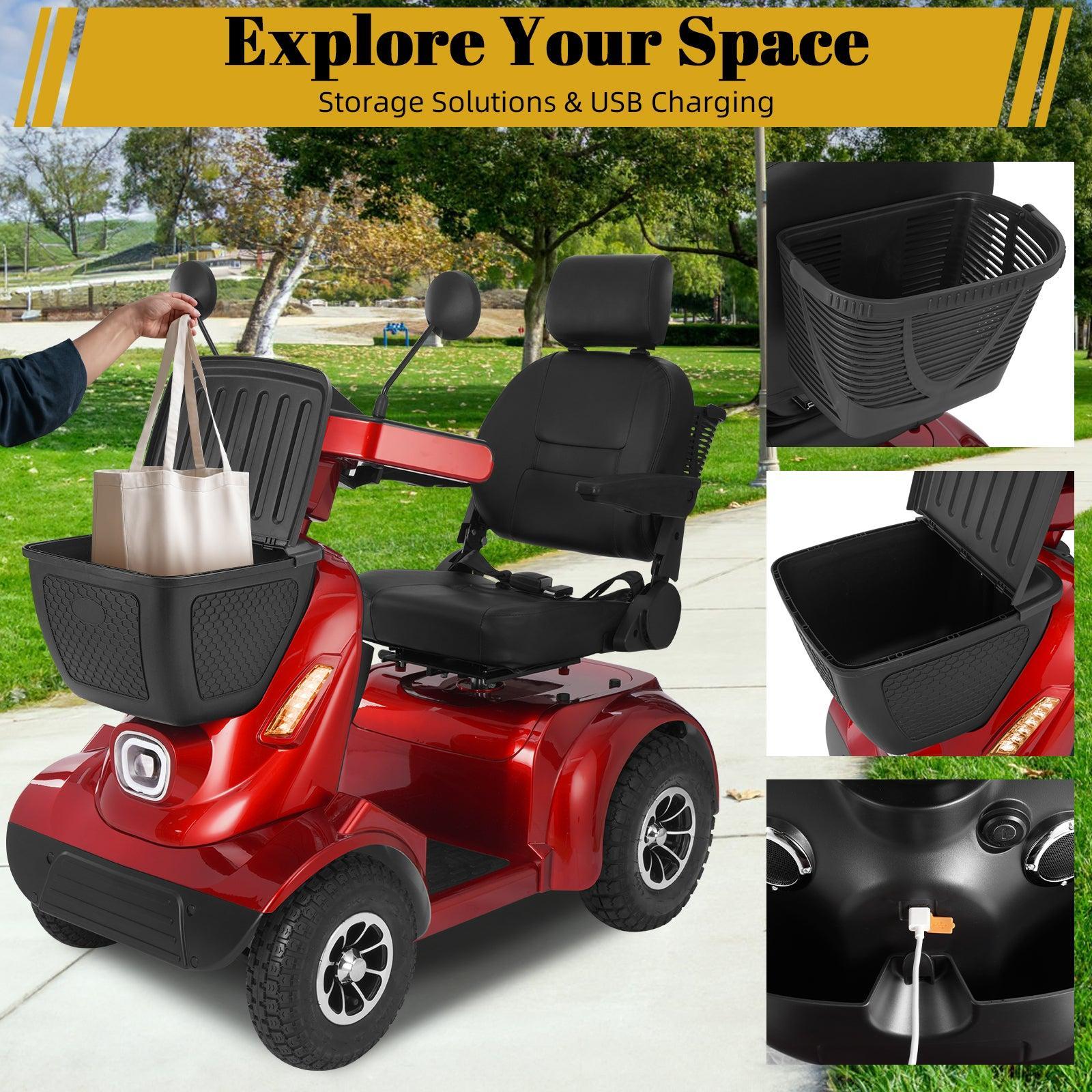 Red Mbxcooter MS20-MAX heavy-duty all-terrain scooter with black seat, front basket, and USB charging port.