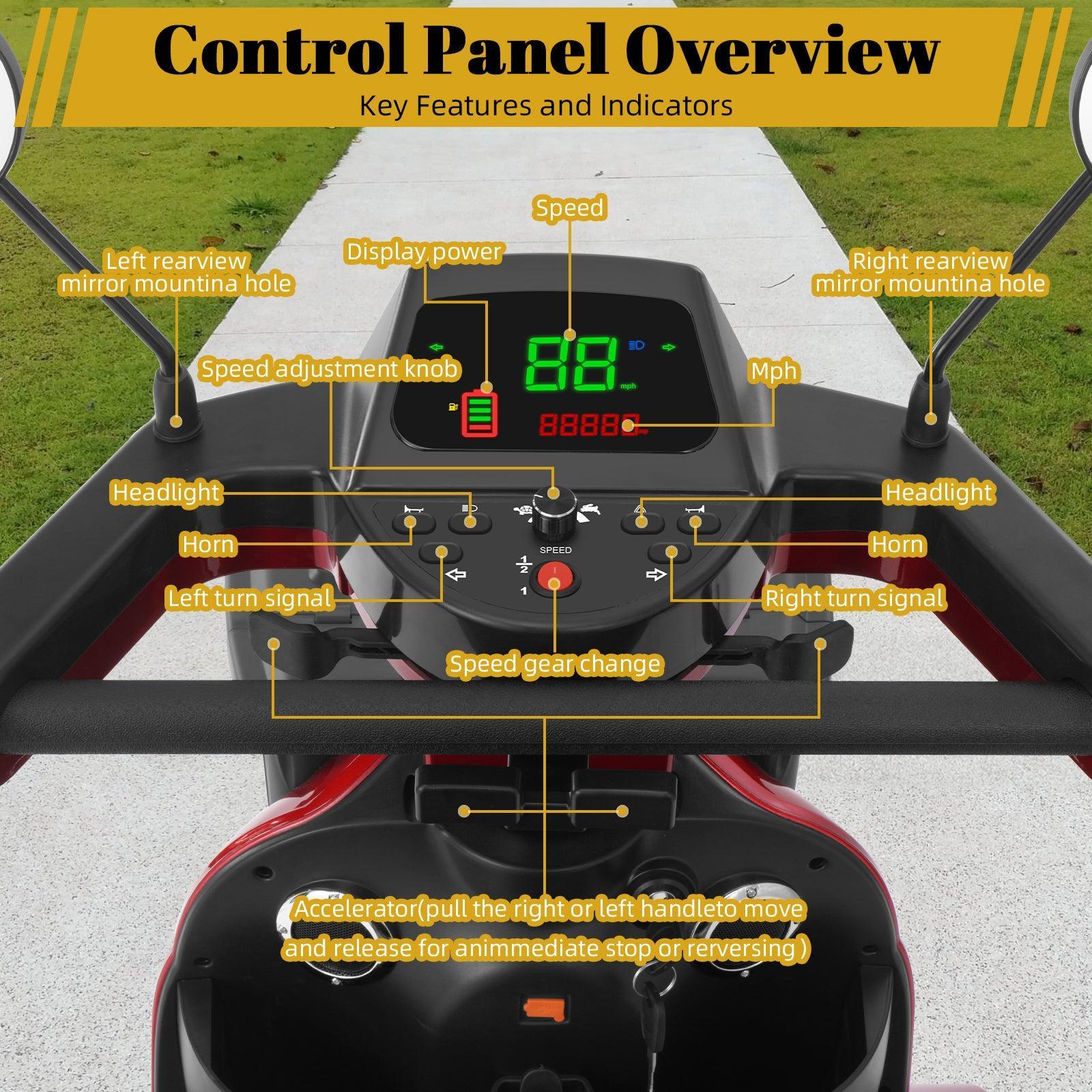 Red Mbxcooter MS20-MAX heavy-duty all-terrain scooter control panel with digital display, speed, and horn buttons.