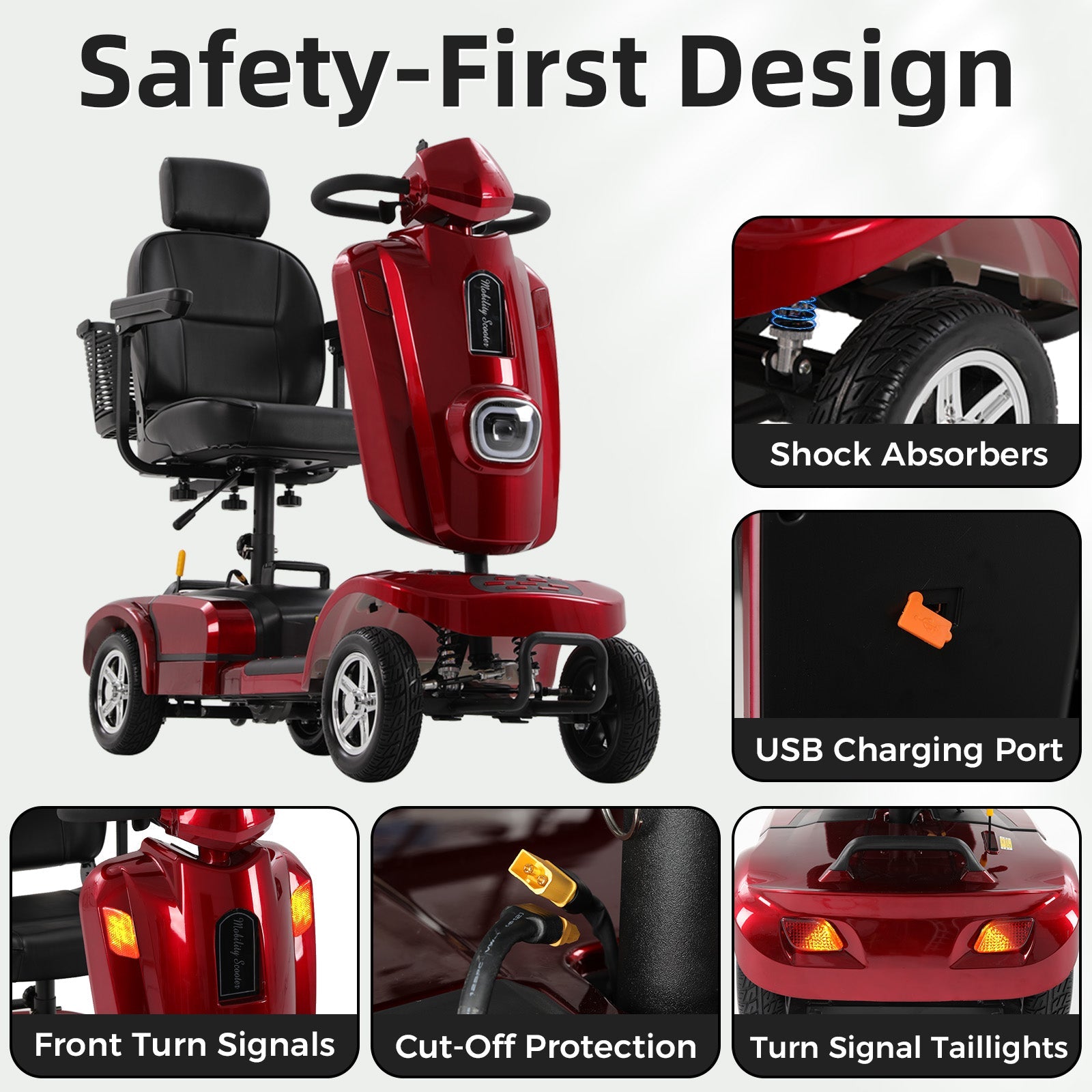 Red Mbxcooter MS20 PLUS heavy-duty all-terrain scooter with black seat, shock absorbers, and USB port.