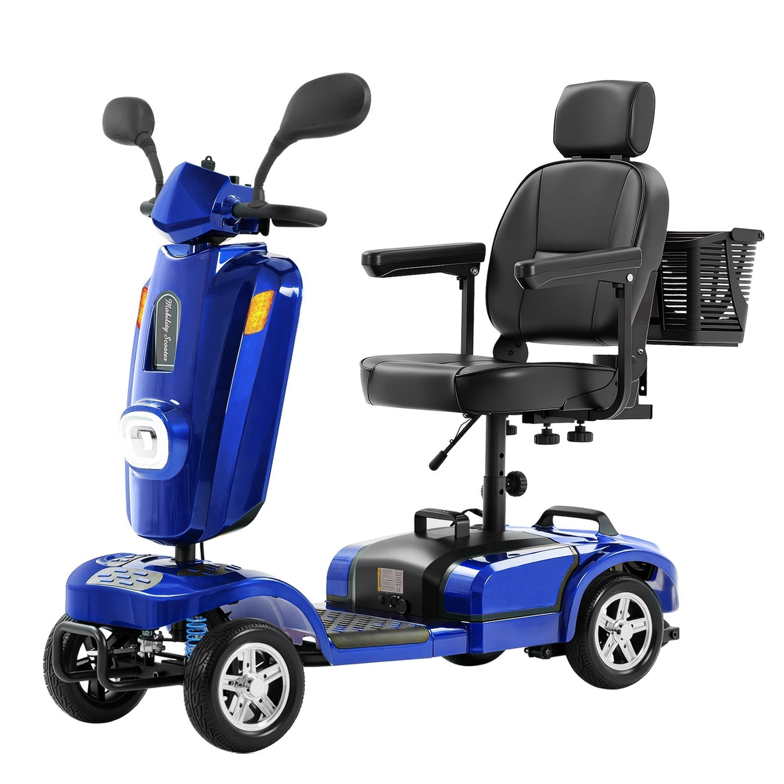 Blue Mbxcooter MS20 PLUS heavy-duty all-terrain scooter with black seat, basket, and large tires.