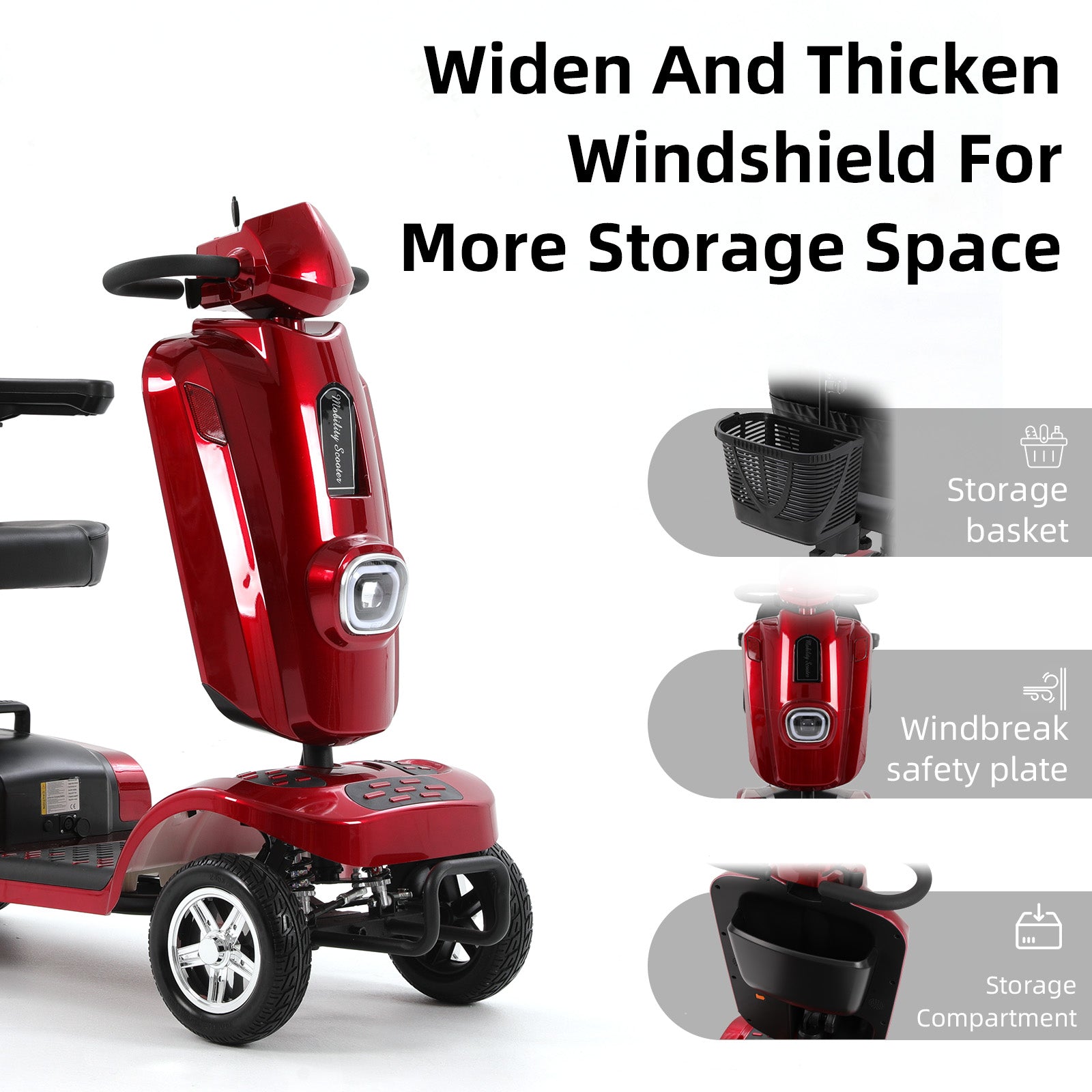 Red Mbxcooter MS20 PLUS heavy-duty all-terrain scooter with large tires, windshield, and storage features.