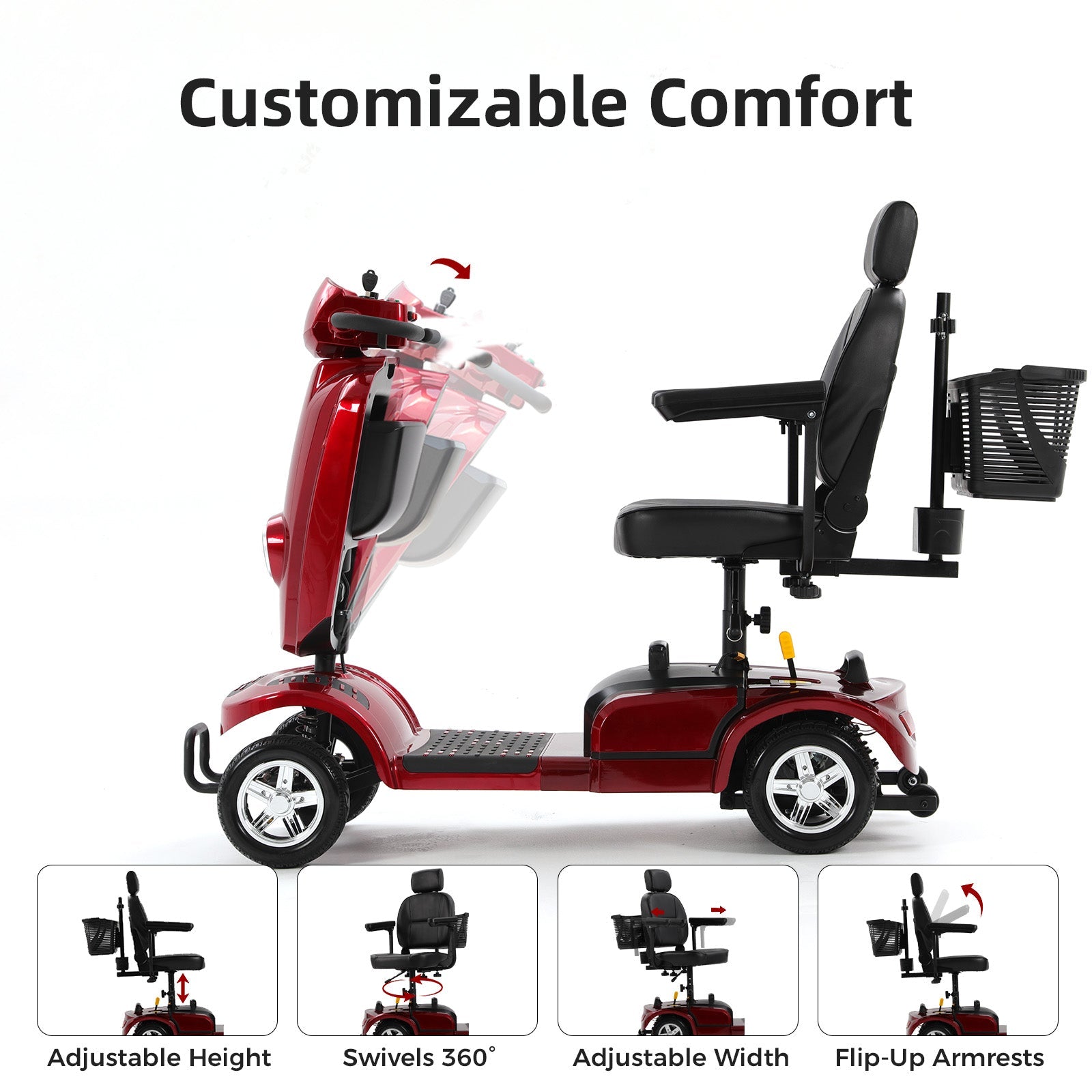 Red Mbxcooter MS20 PLUS heavy-duty all-terrain scooter with black seat, adjustable features, and basket.