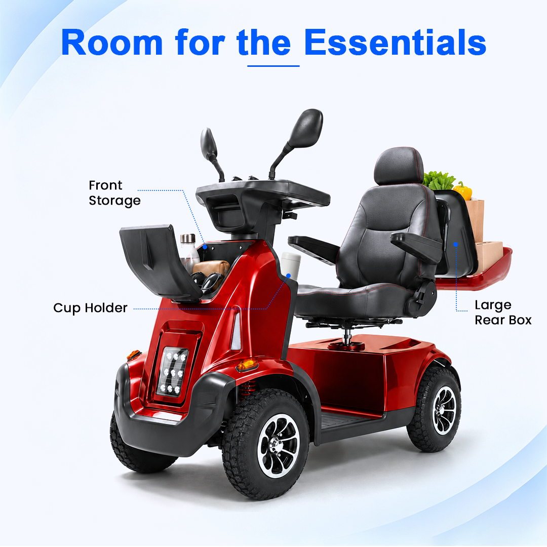 Red Mbxcooter MS500 mobility scooter with black leather seat, front storage, cup holder, and large rear cargo box.