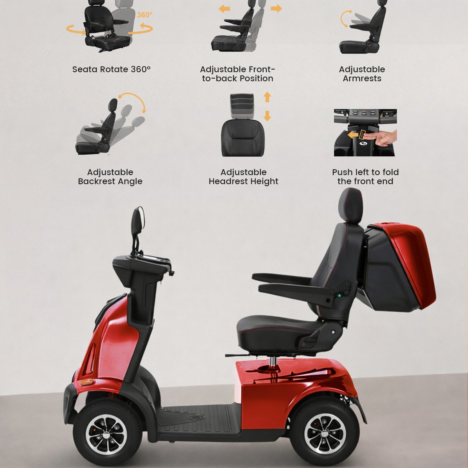 Red Mbxcooter MS500 heavy-duty mobility scooter with adjustable black seat and storage.