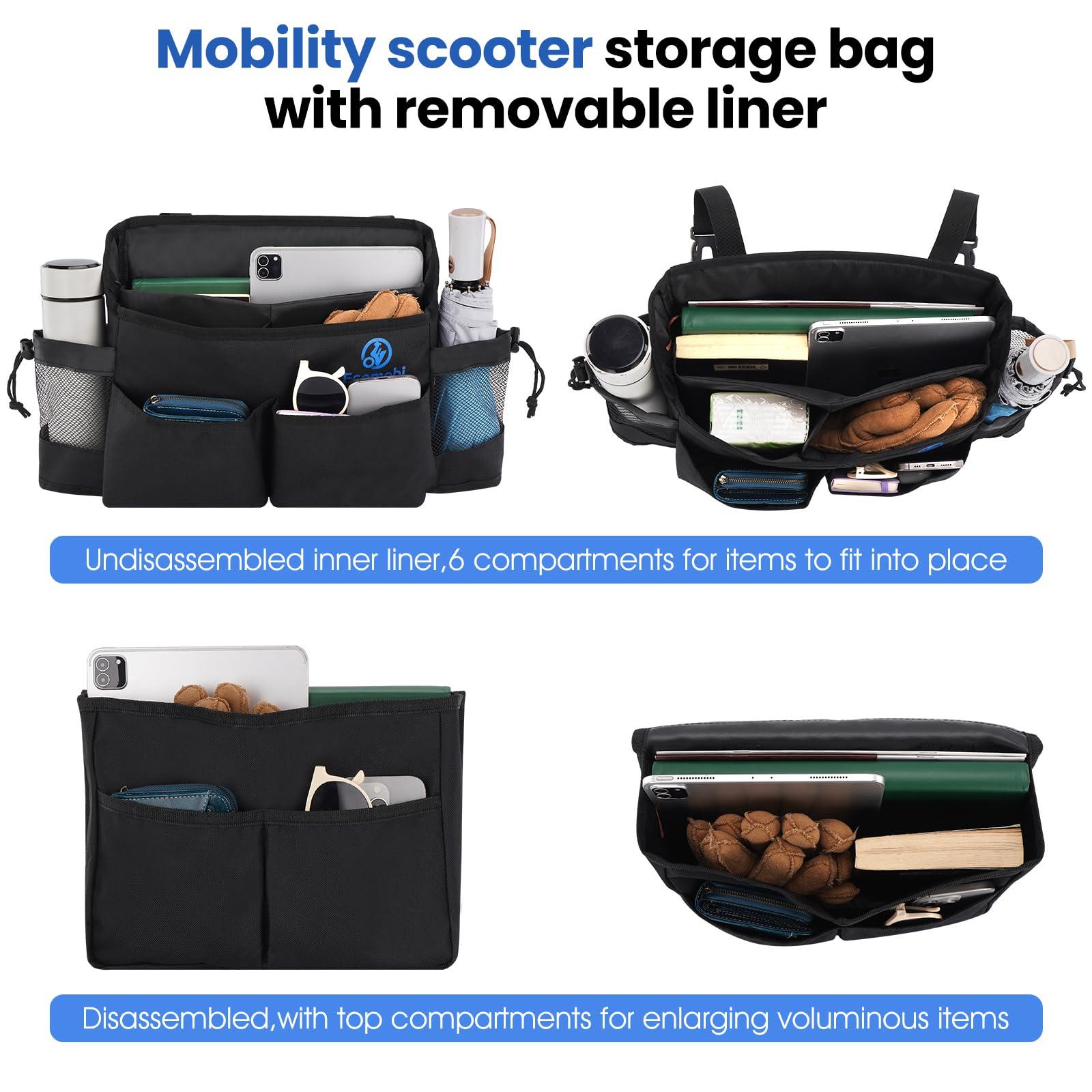 Black nylon mobility scooter bag with multiple pockets, side mesh, and removable liner.