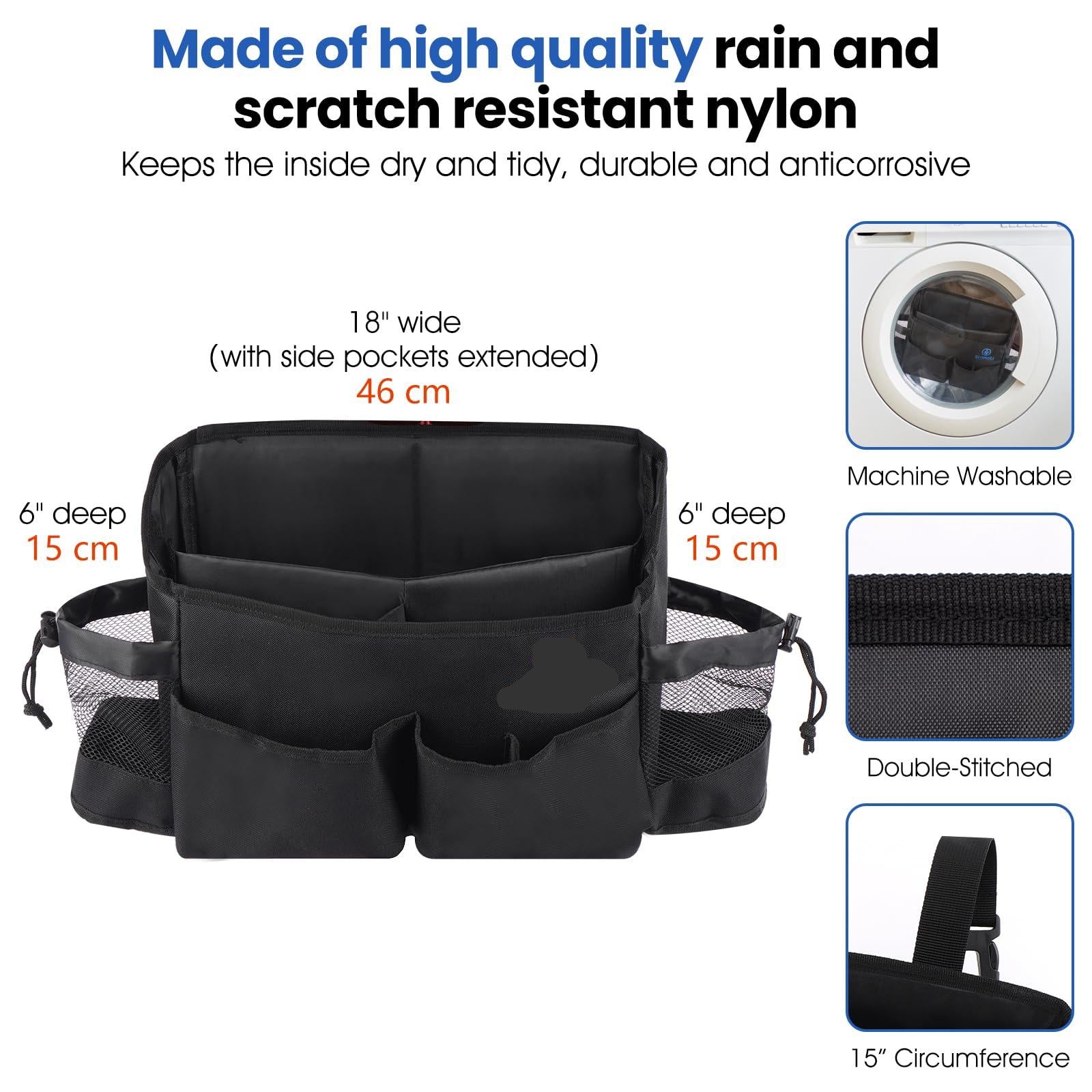 Black nylon mobility scooter bag, 18" wide with mesh side pockets, adjustable straps, and multiple compartments.