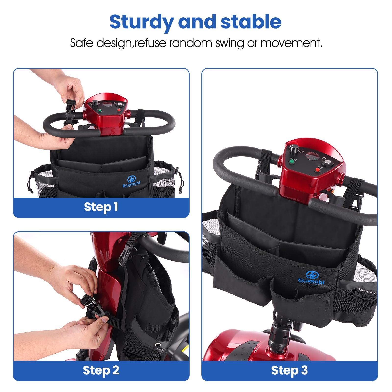 Black nylon mobility scooter bag with mesh pockets, shown attaching to a red scooter.