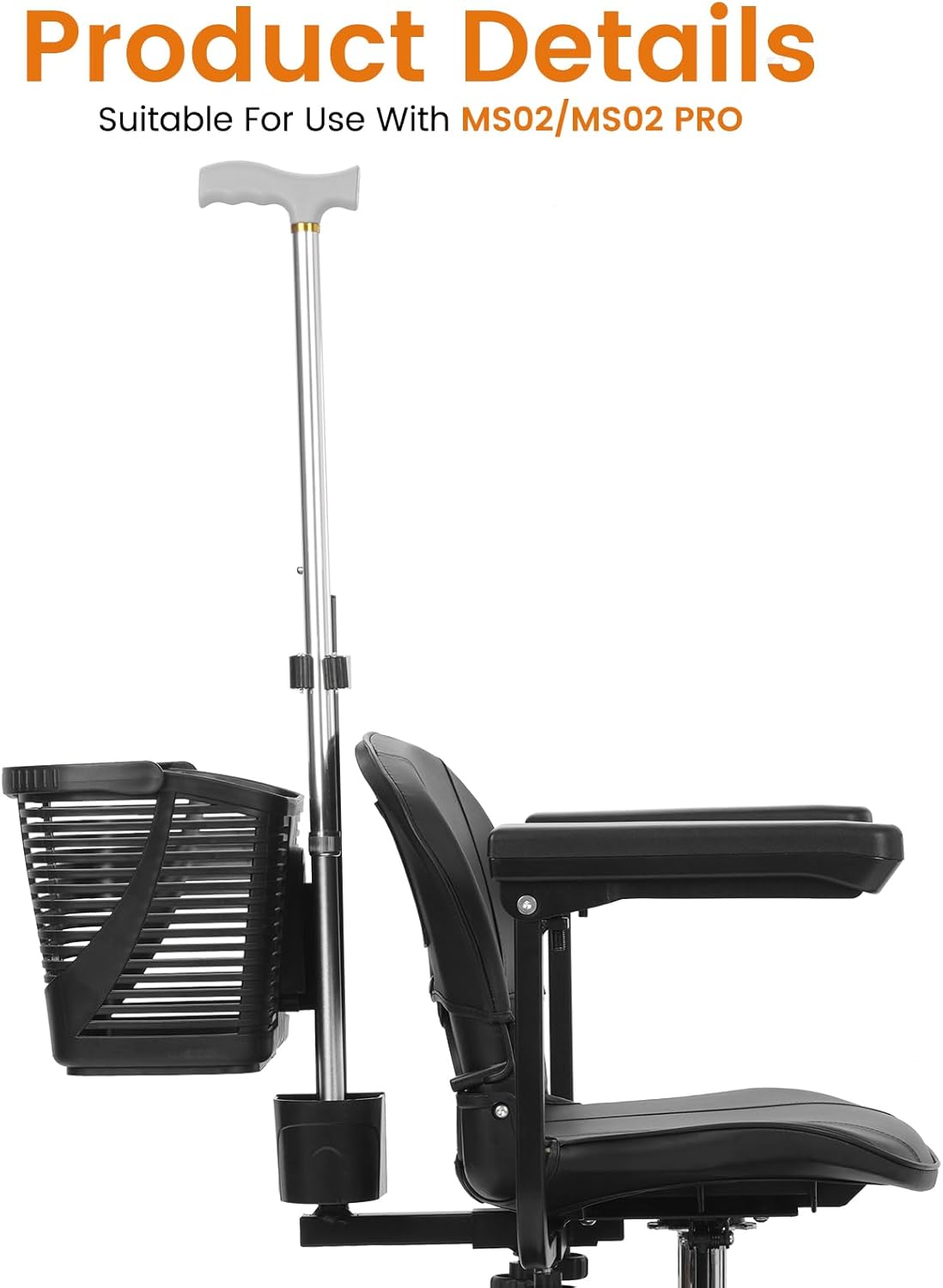 Silver mobility scooter crutch and cane holder with a black basket, attached to a black scooter seat.