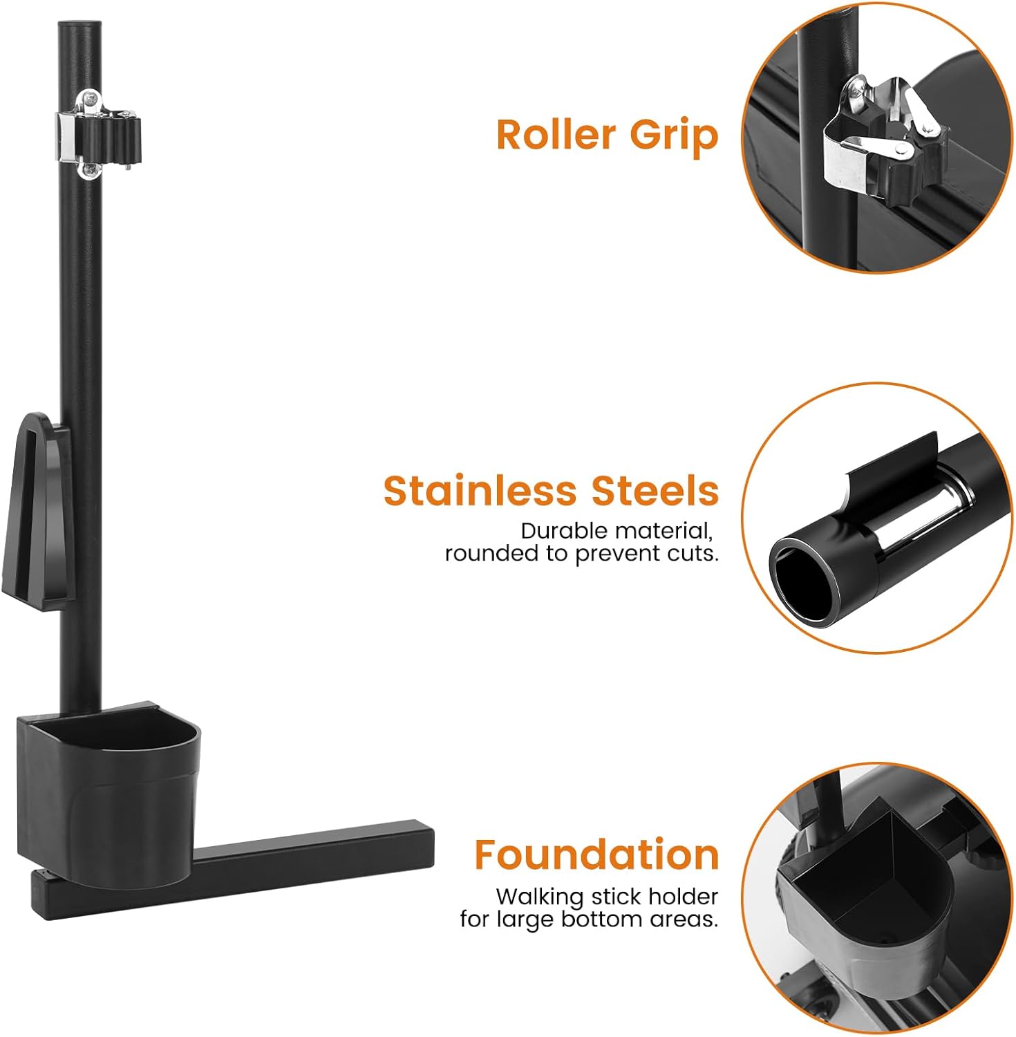 Black stainless steel and aluminum alloy crutch/cane holder for MS20/MS20 PRO scooters, with roller grip and wide base.