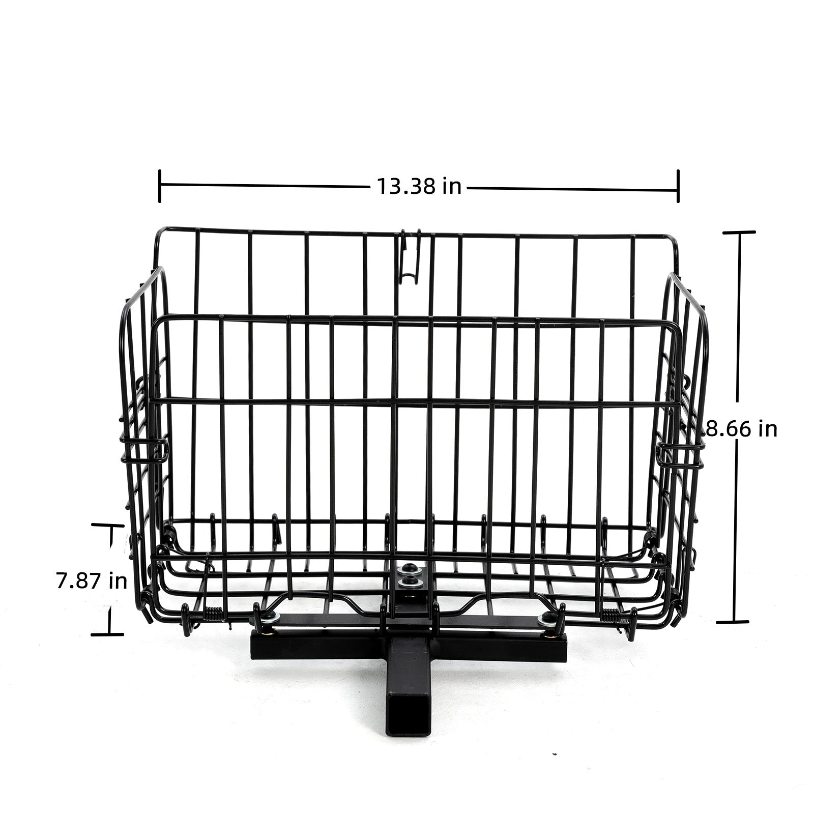 Black metal wire Mbxcooter mobility scooter rear basket with dimensions 13.38" x 8.66" x 7.87".