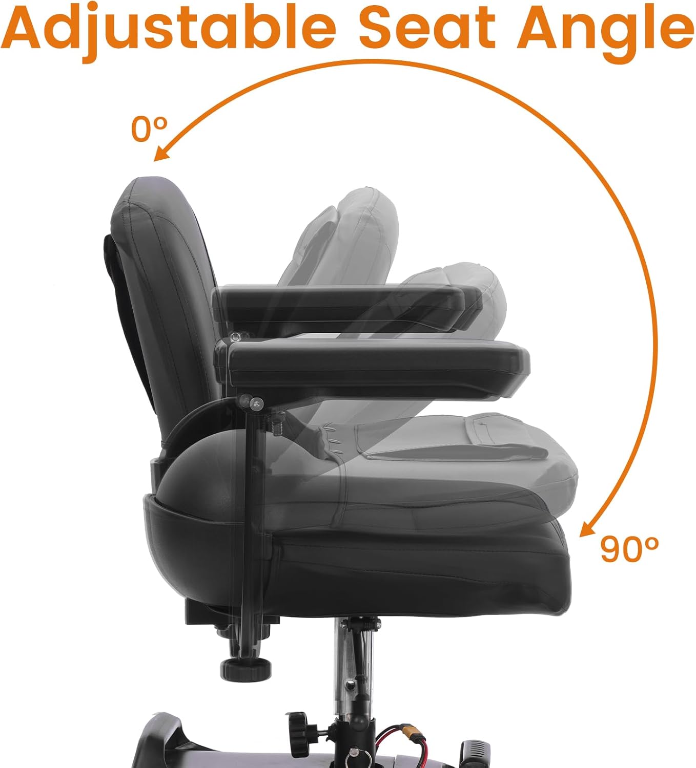 Black faux leather mobility scooter seat with adjustable backrest and armrests, showing a 0 to 90-degree angle.