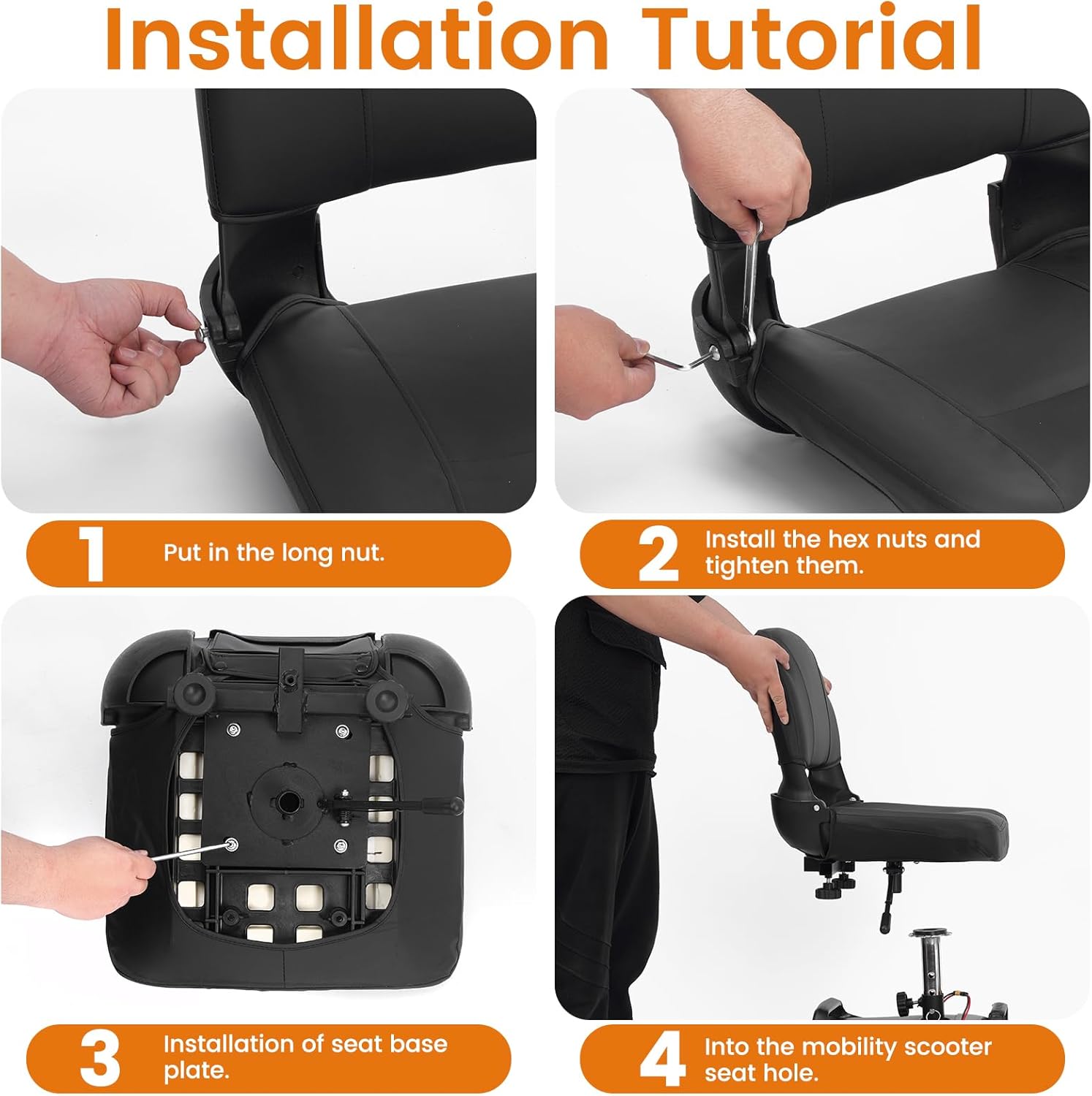 Installation tutorial showing a black Mbxcooter mobility scooter replacement seat being assembled.