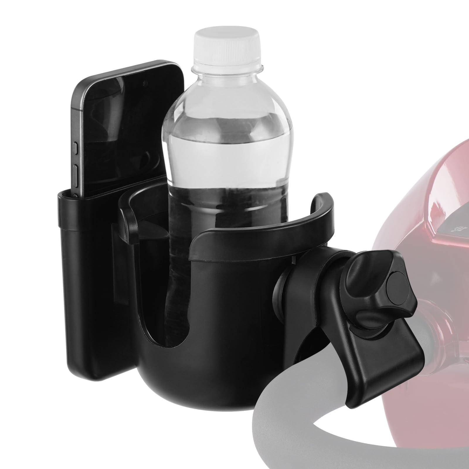 Black Mbxcooter multifunctional cup holder with phone slot, attached to a scooter handle, holding a water bottle.