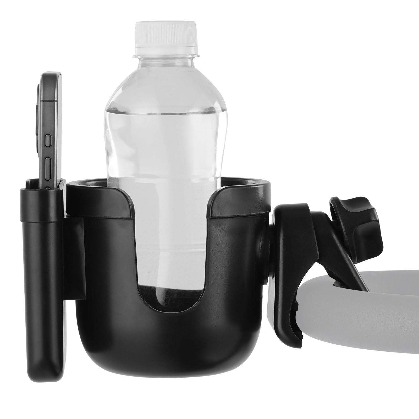 Black Mbxcooter multifunctional cup holder with phone slot, holding a water bottle, clamped to a gray bar.