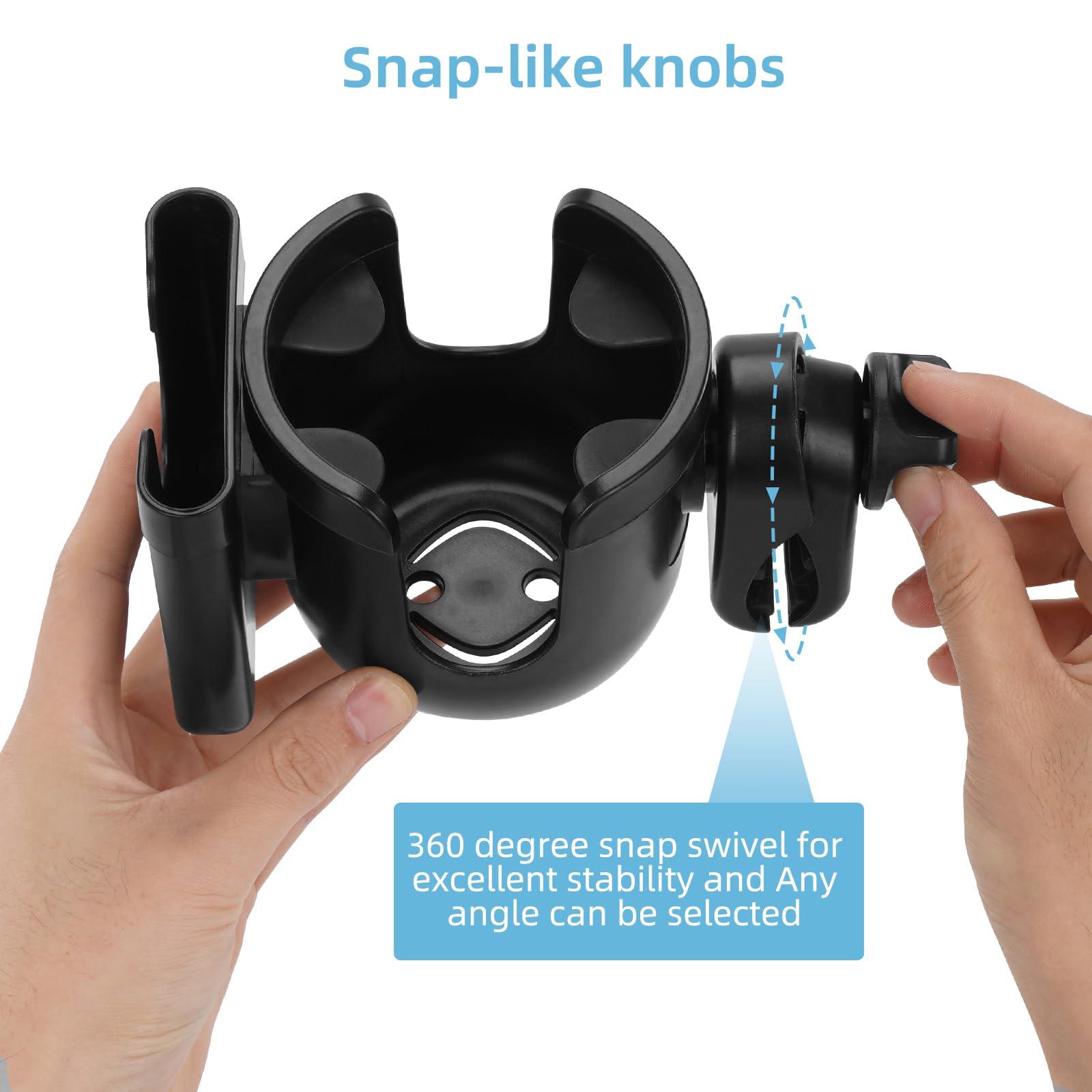 Black Mbxcooter multifunctional cup holder with phone holder, 360° rotating, shown with snap-like knobs.