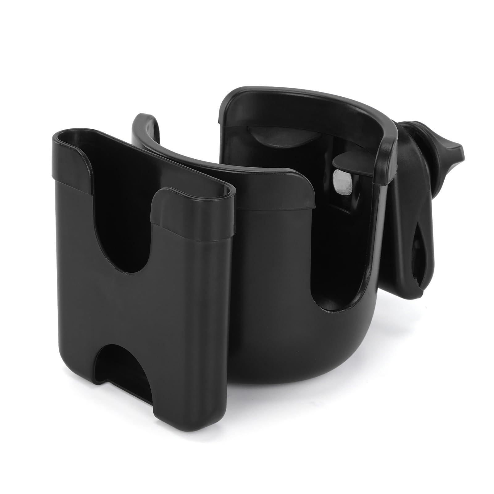 Black Mbxcooter multifunctional cup holder with phone holder, 360° rotating, for scooters and wheelchairs.