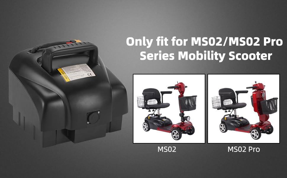 Black Mbxcooter replacement lithium battery for MS02/MS02 Pro mobility scooters, shown with two red scooter models.
