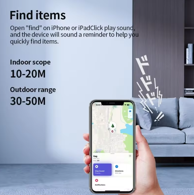 Hand holding a smartphone displaying a map with a "Find My" app interface, showing a device location.