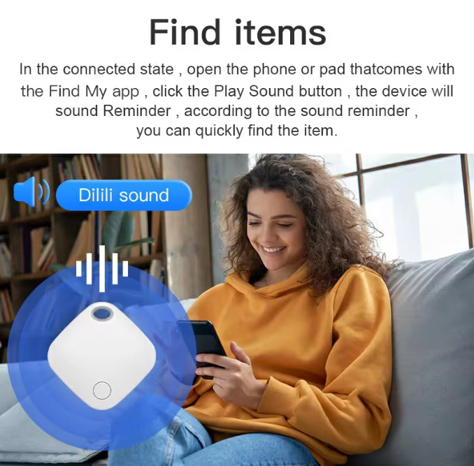 White Mbxcooter smart security locator tag with sound waves, next to a woman using a smartphone.