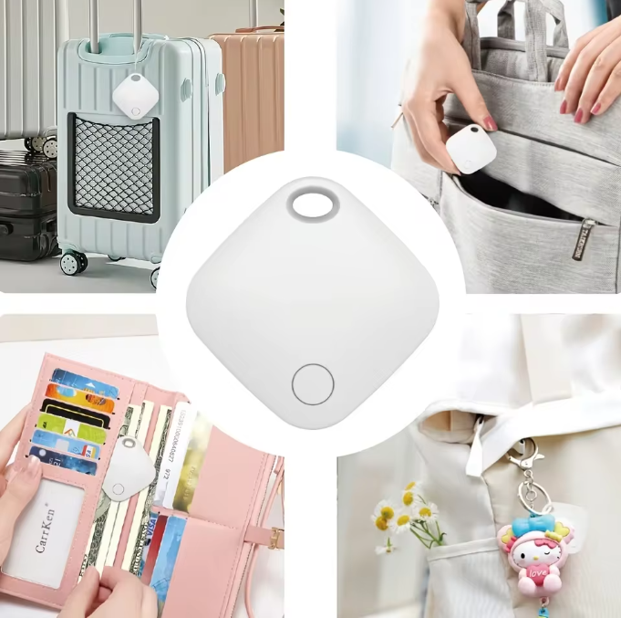 White Mbxcooter smart security locator tag, compact and square with rounded edges, shown attached to luggage, a wallet, and a backpack.