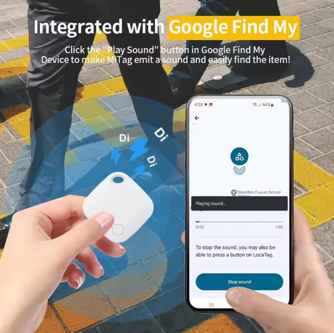 White Mbxcooter smart security locator tag emitting sound, shown with a smartphone displaying the Google Find My app.