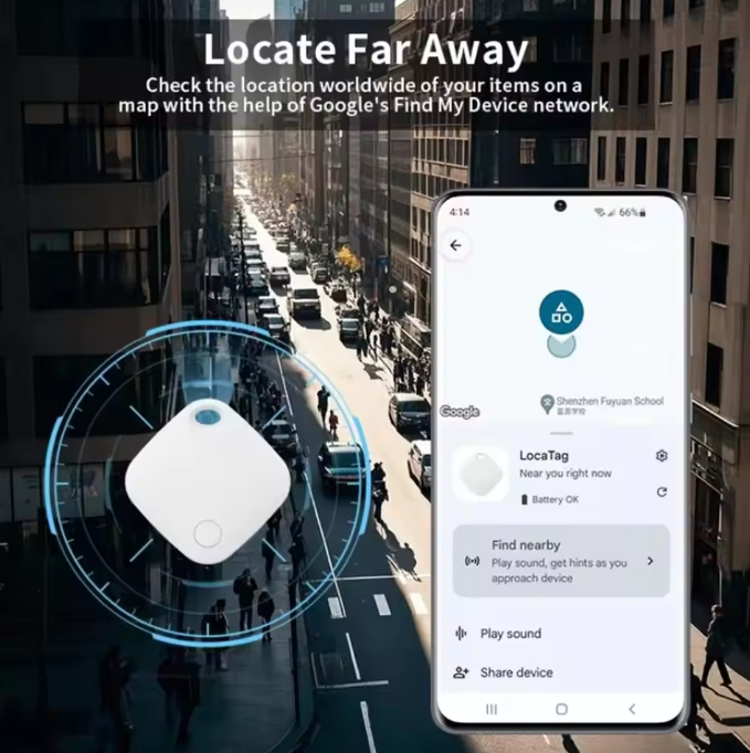 White Mbxcooter Smart Security Locator Tag with a phone displaying its location on a city map.
