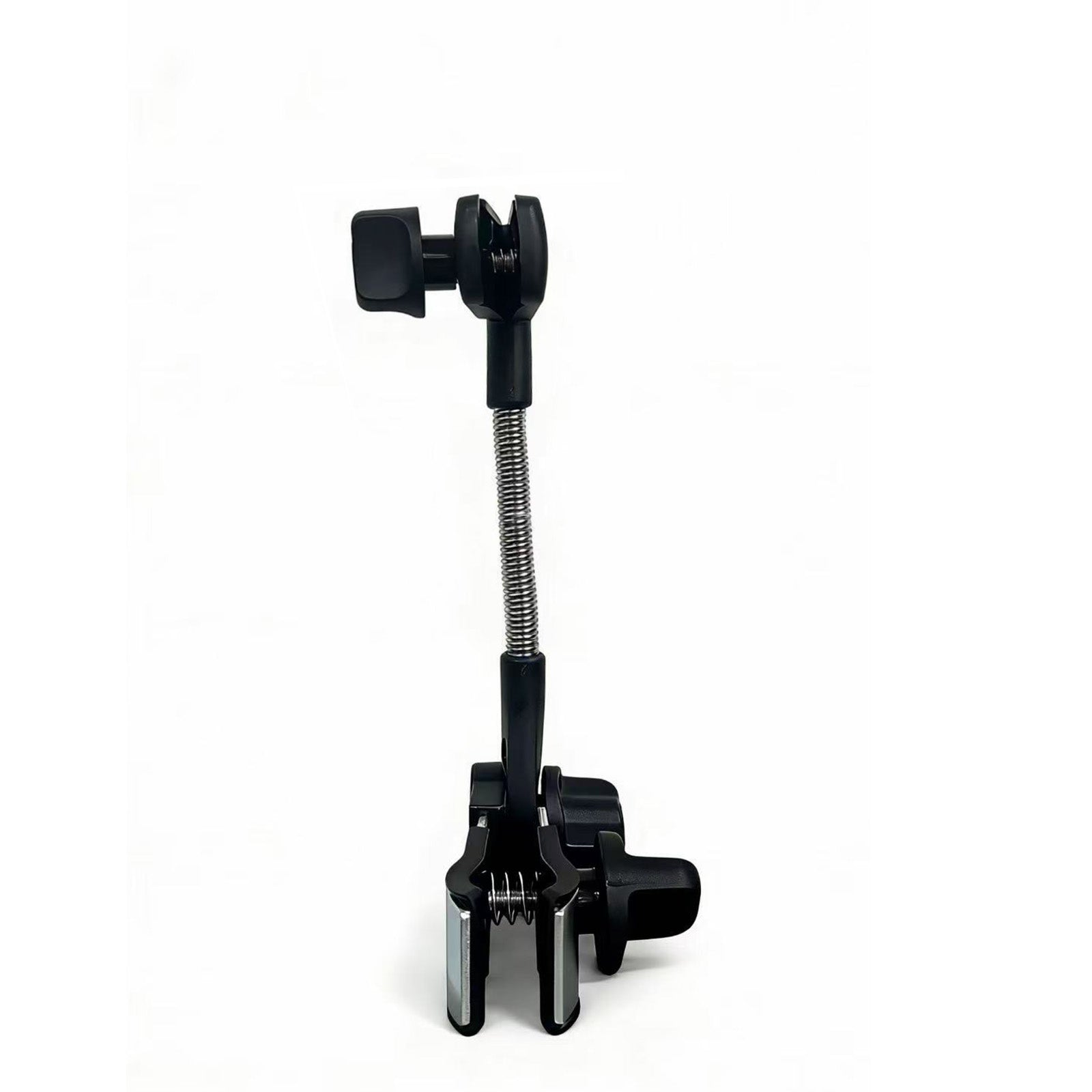 Black Mbxcooter sunshade umbrella bracket fixing clip with flexible spring arm for mobility scooters.