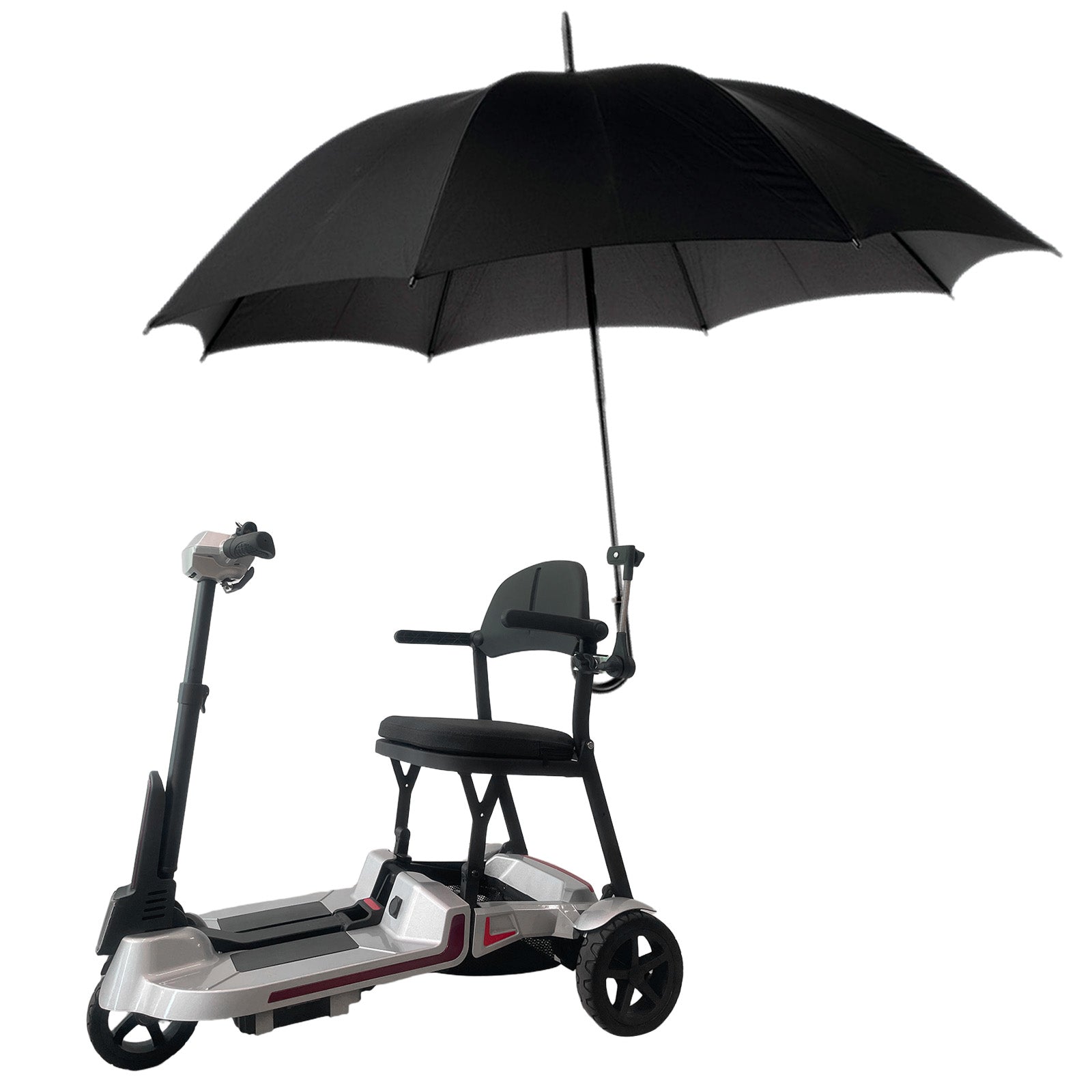 Silver mobility scooter with a black sunshade umbrella attached by a fixing clip.