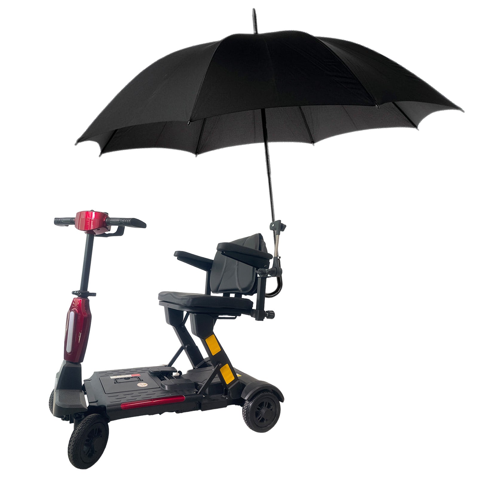 Red and black mobility scooter with a black sunshade umbrella attached by a fixing clip.